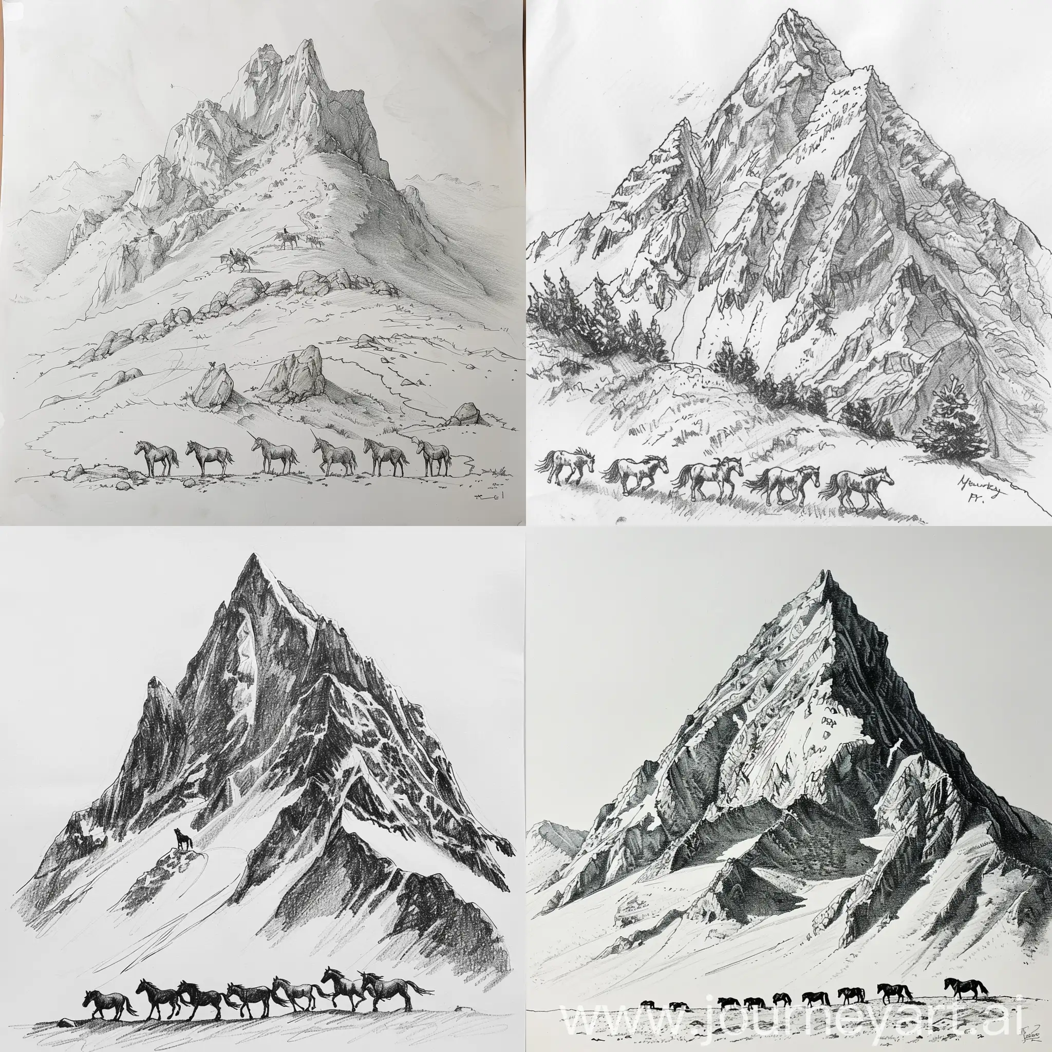 帮我画一座山，山下面有六匹马