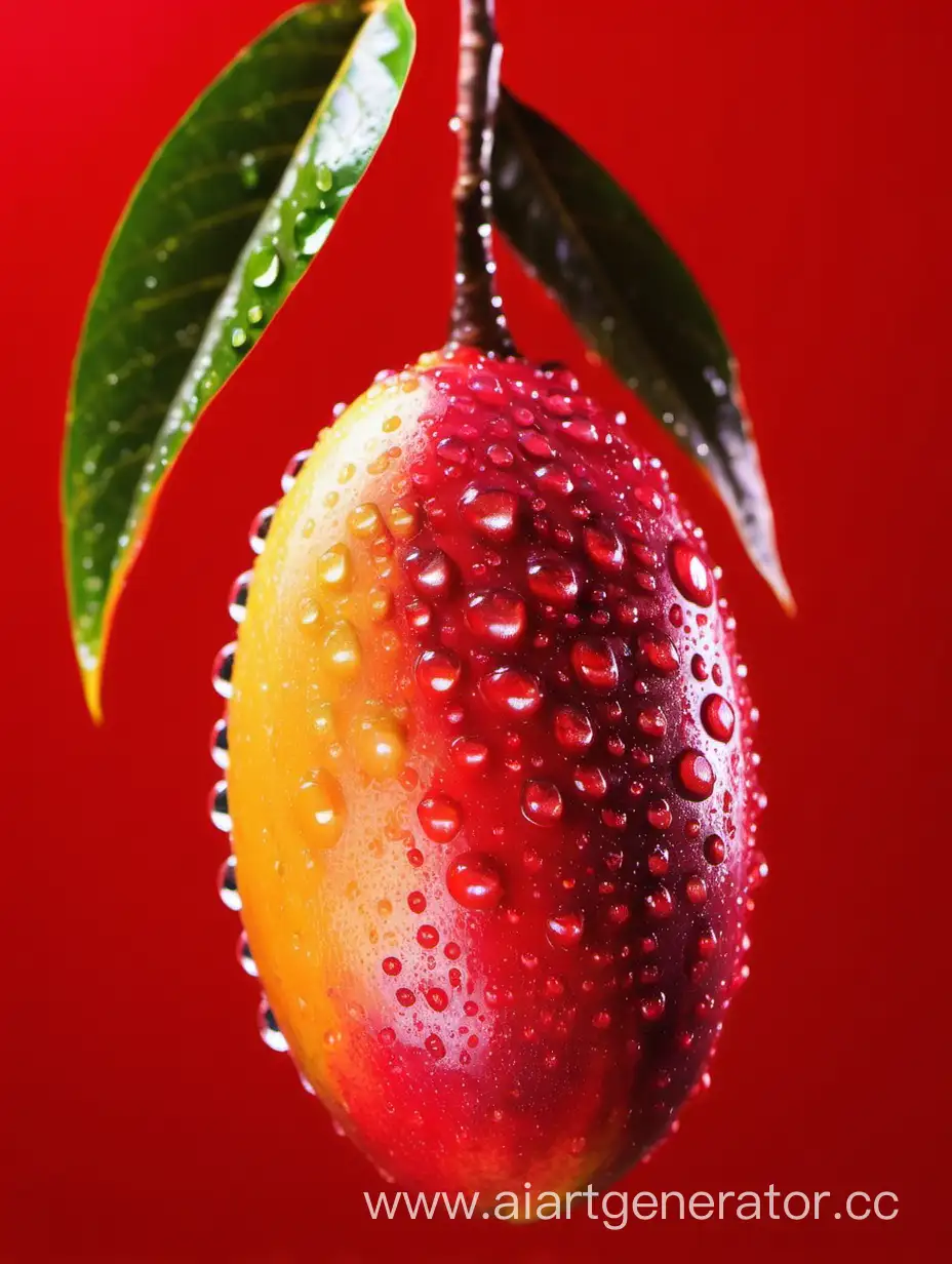 Vibrant-African-Mango-with-Refreshing-Water-Drops-on-Red-Background