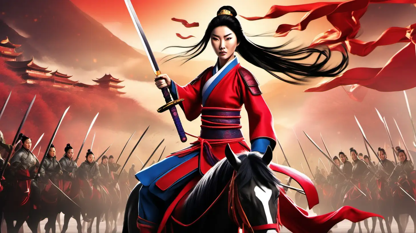 create a beautiful Hua Mulan: battle as a man called Hua Jun. with a vast army defending her nation, she is an expert horseman and he is excellent with sword , show a cinematic battle, ACTION, ancient china