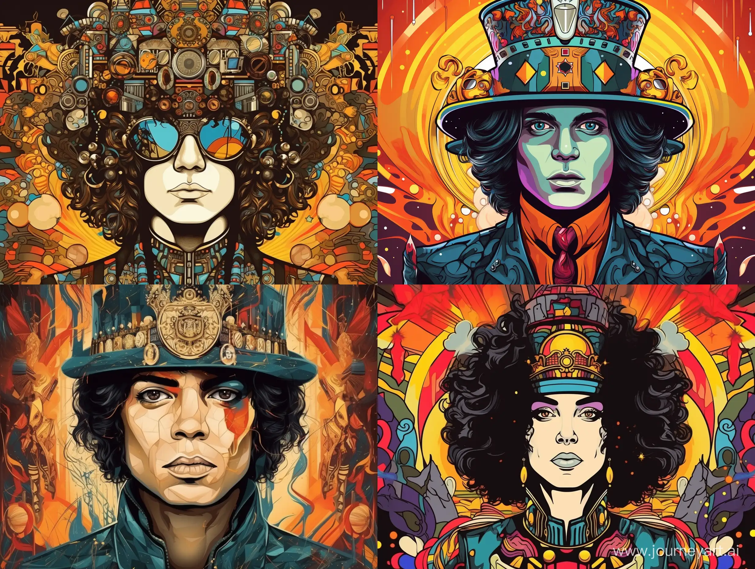 Portrait of singer Michael Jackson, with a new image, crown on his head, mature years, looks straight at the background of musical symbols, complex colors, cartoon style, caricature, pop art style