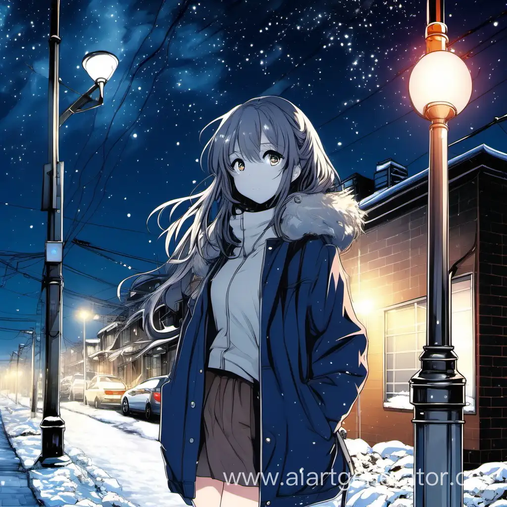 Аниме тян на фоне зимнего ночного неба рядом с фонарным столбом
