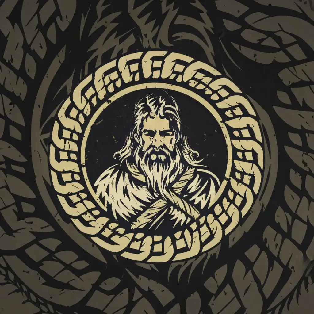 a logo design,with the text "CLUB OF THE BARBARIANS", main symbol:A BEARDED, BRAIDED BARBARIAN STANDING IN HALF PROFILE IN THE CENTER OF A CIRCLE OF NORDIC CHAIN RUNES BLECK AND GREY,complex,clear background
