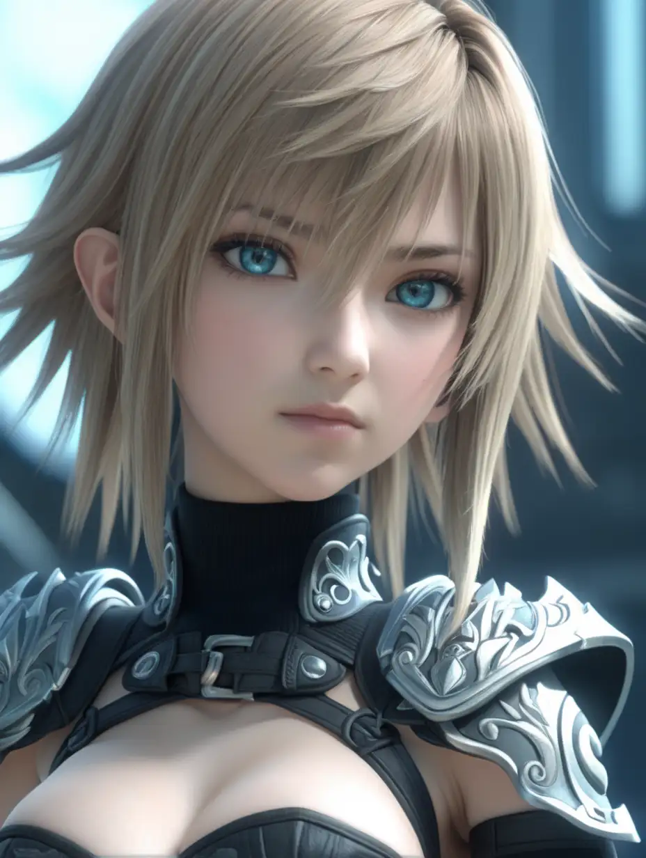 (cinematic lighting), In the visually stunning world of Final Fantasy Advent Children, an anime girl captivates with her meticulously crafted attire, perfect breast, blending futuristic elements with fantastical elegance, Whether wielding a magical weapon or immersed in the grandeur of the environment, her presence radiates a harmonious blend of strength, grace, and a touch of otherworldly beauty, half body portrait, intricate details, detailed face, detailed eyes, hyper realistic photography,--v 5,