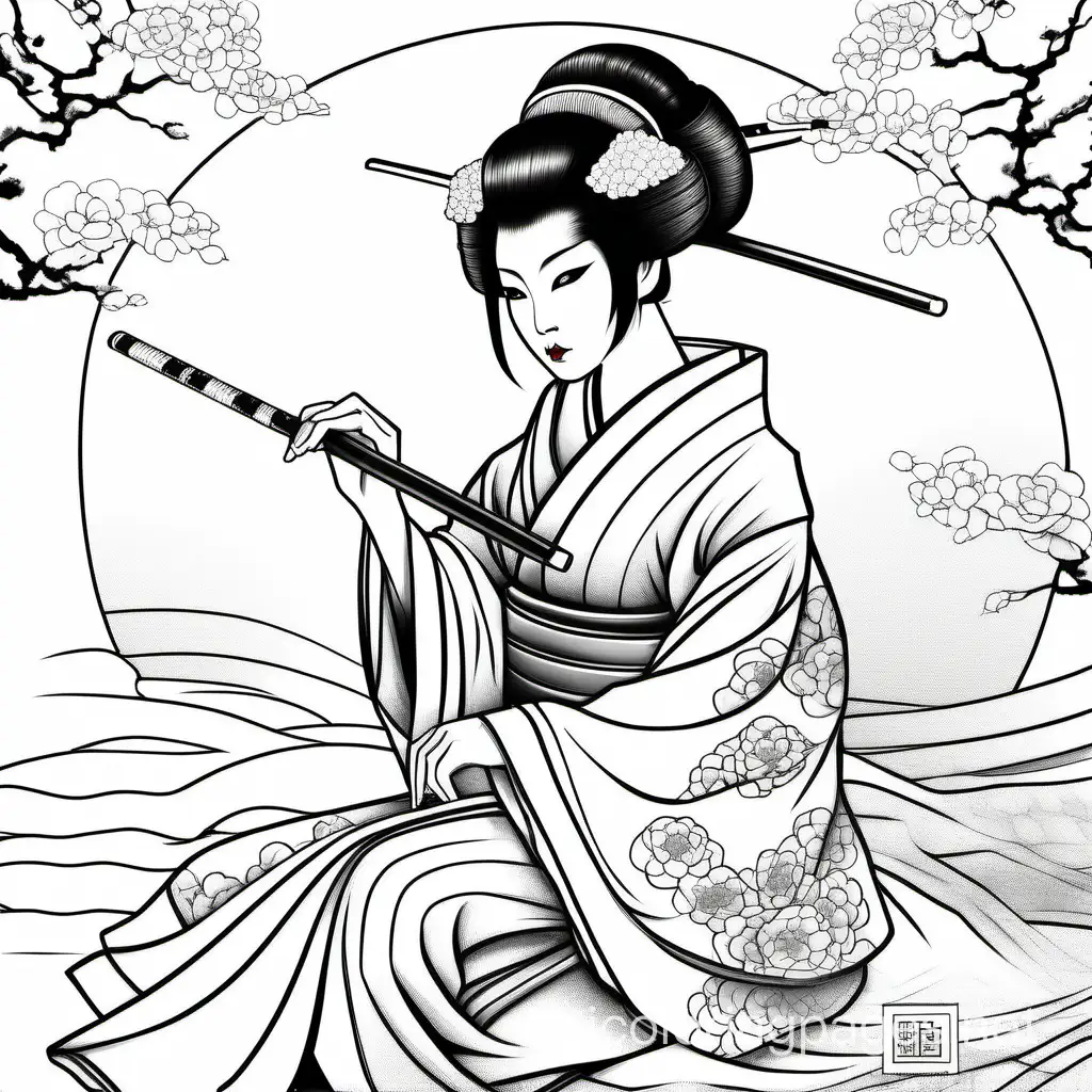 a black on white, geisha wearing highly detailed kimono.  She is practicing her calligraphy, Coloring Page, black and white, line art, white background, Simplicity, Ample White Space. The background of the coloring page is plain white to make it easy for young children to color within the lines. The outlines of all the subjects are easy to distinguish, making it simple for kids to color without too much difficulty