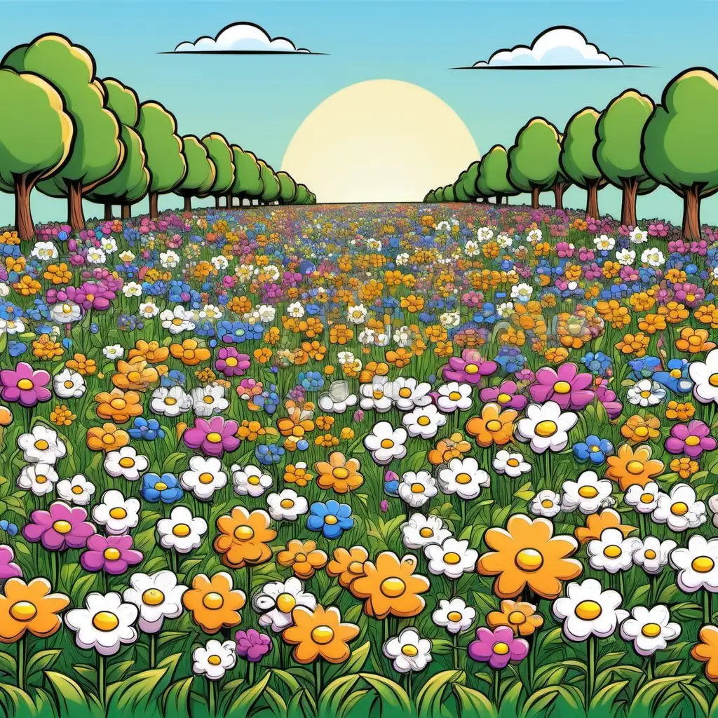 Vibrant Cartoon Field of Flowers Illustration