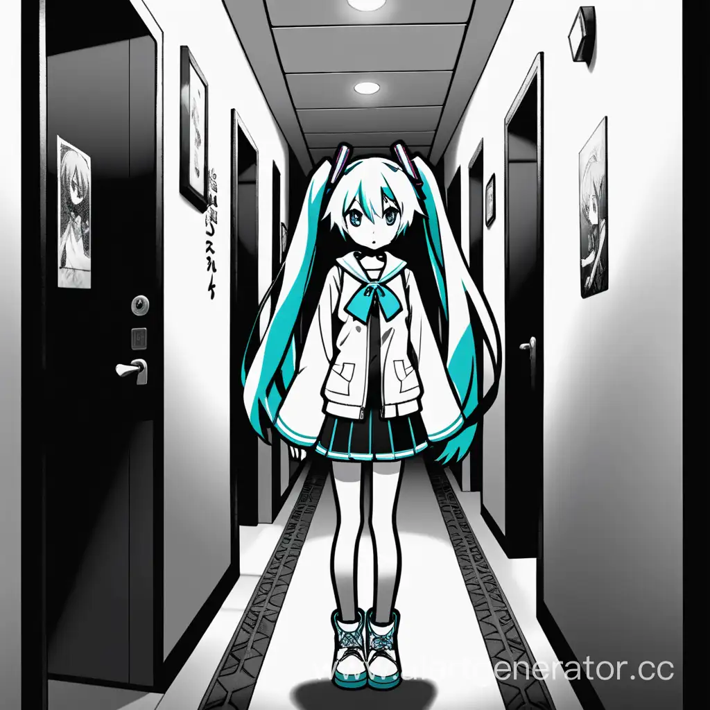 Melancholic-Hatsune-Miku-in-Monochrome-Hallway