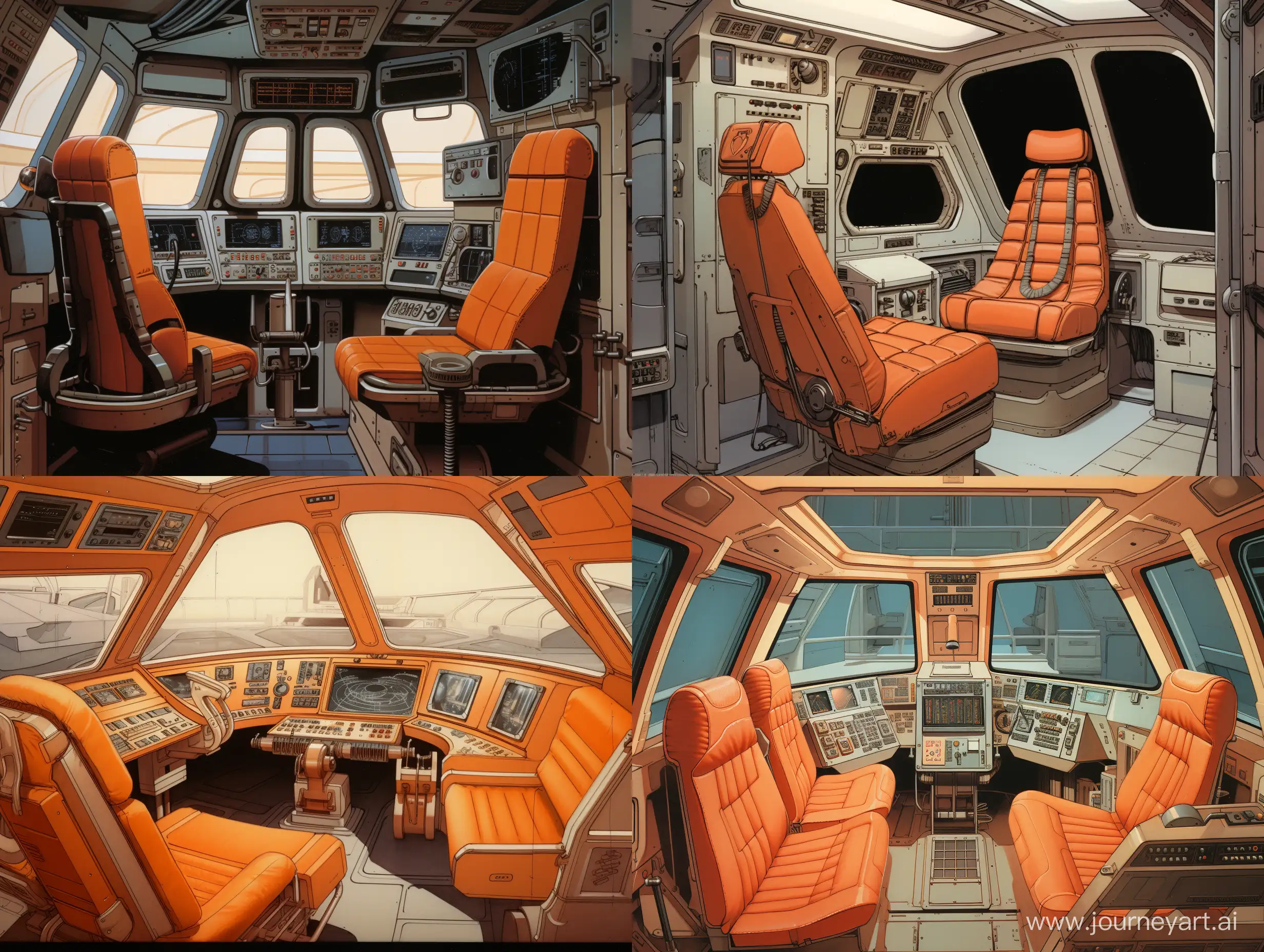 A concept art drawing of the cockpit of a science fiction ship drawn by ralph mcquarrie. 1977. Star wars. in color. 