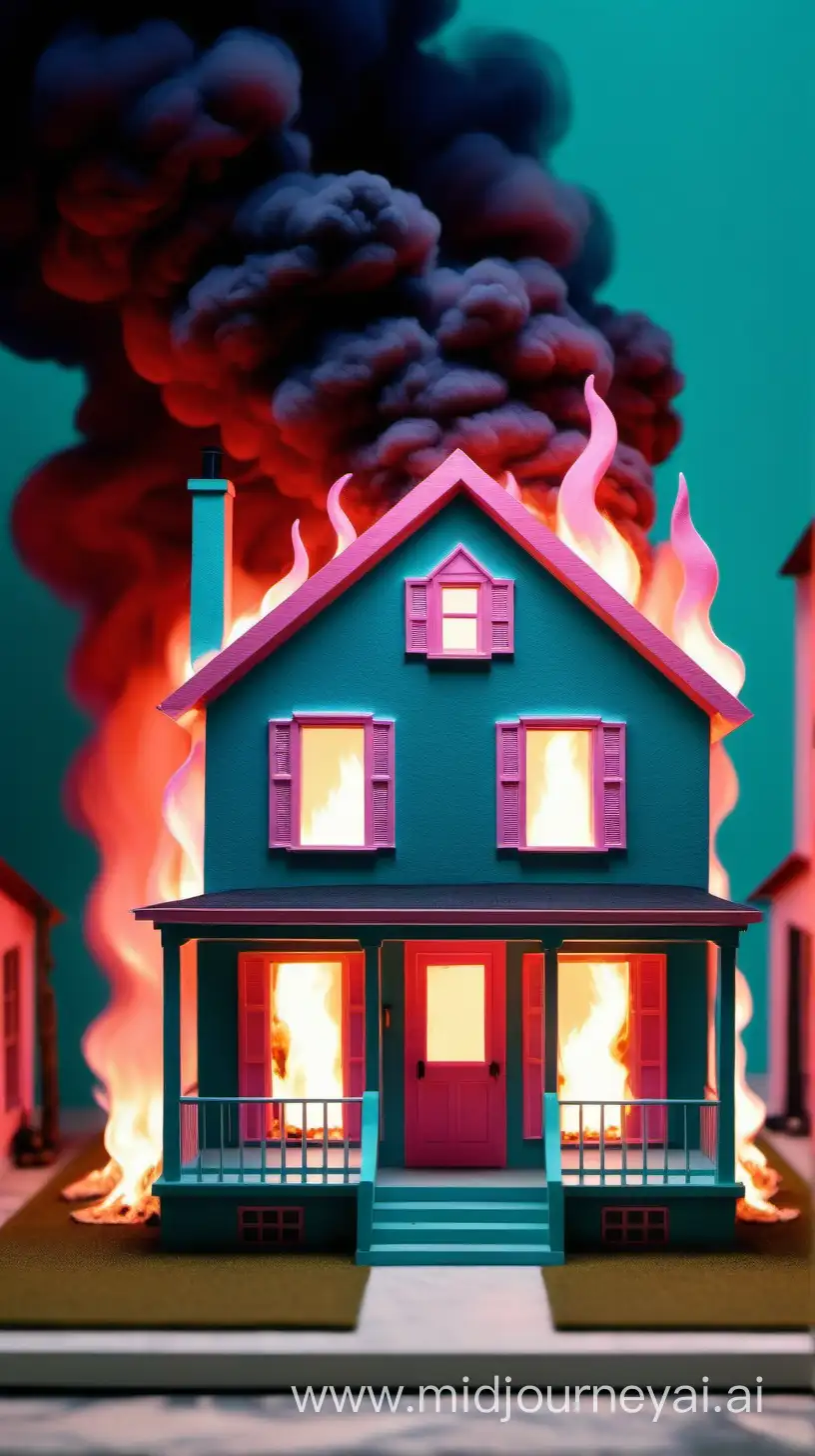 wes anderson inspired small house on fire. looking at the front of the house. flames coming from windows. using pink, teal and navy. 