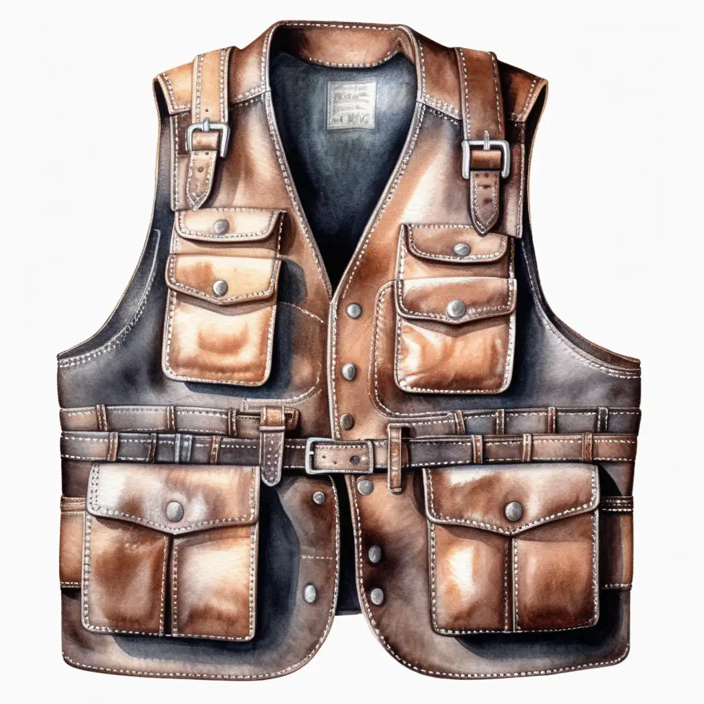 an old leather vest with one hundred tiny pockets, dark watercolor drawing, no background