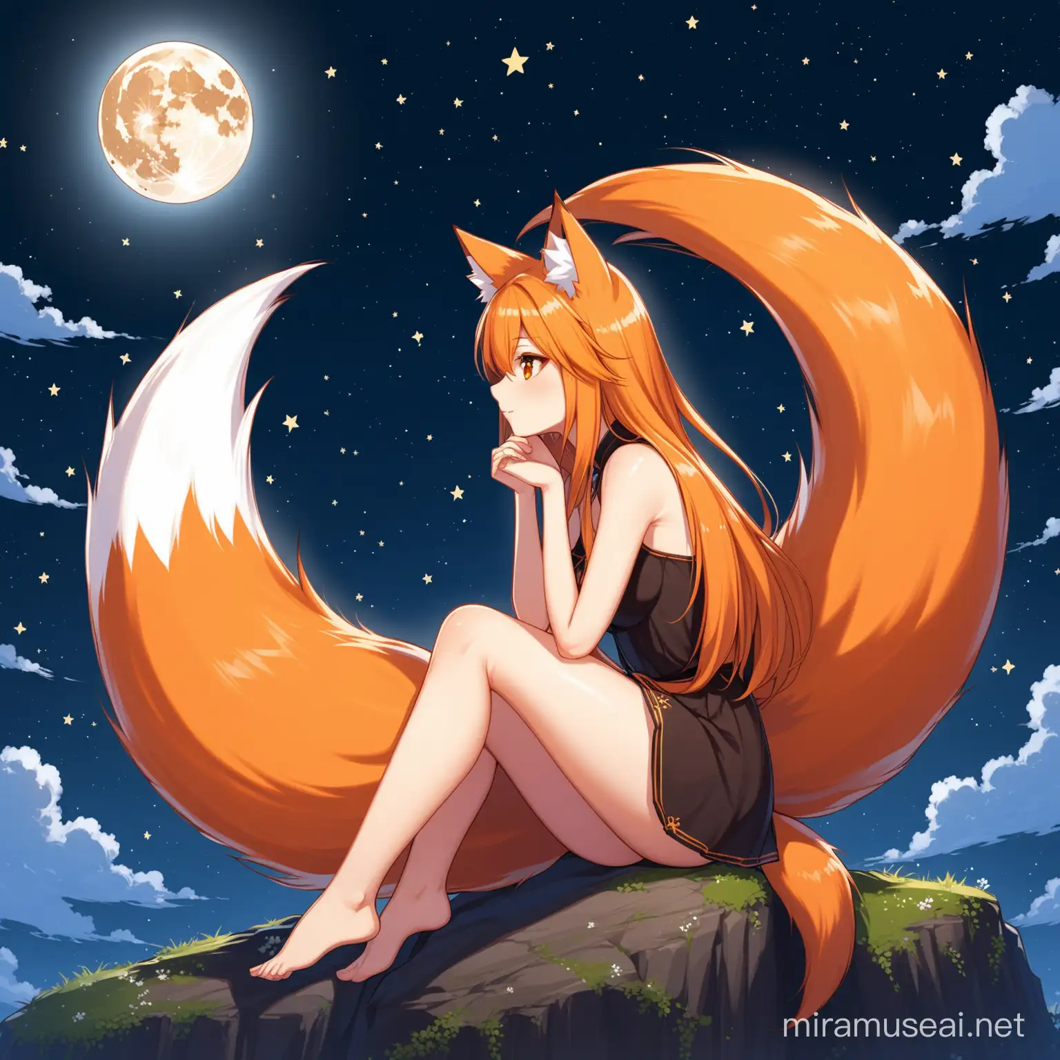 foxgirl, thinking in front of the moon, fox tail