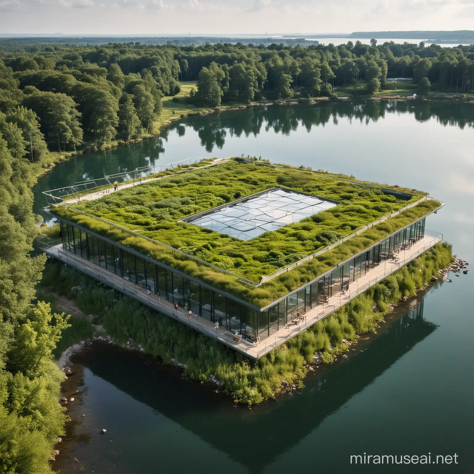 Green roof concept on glass walled superstructure surrounded by a lake