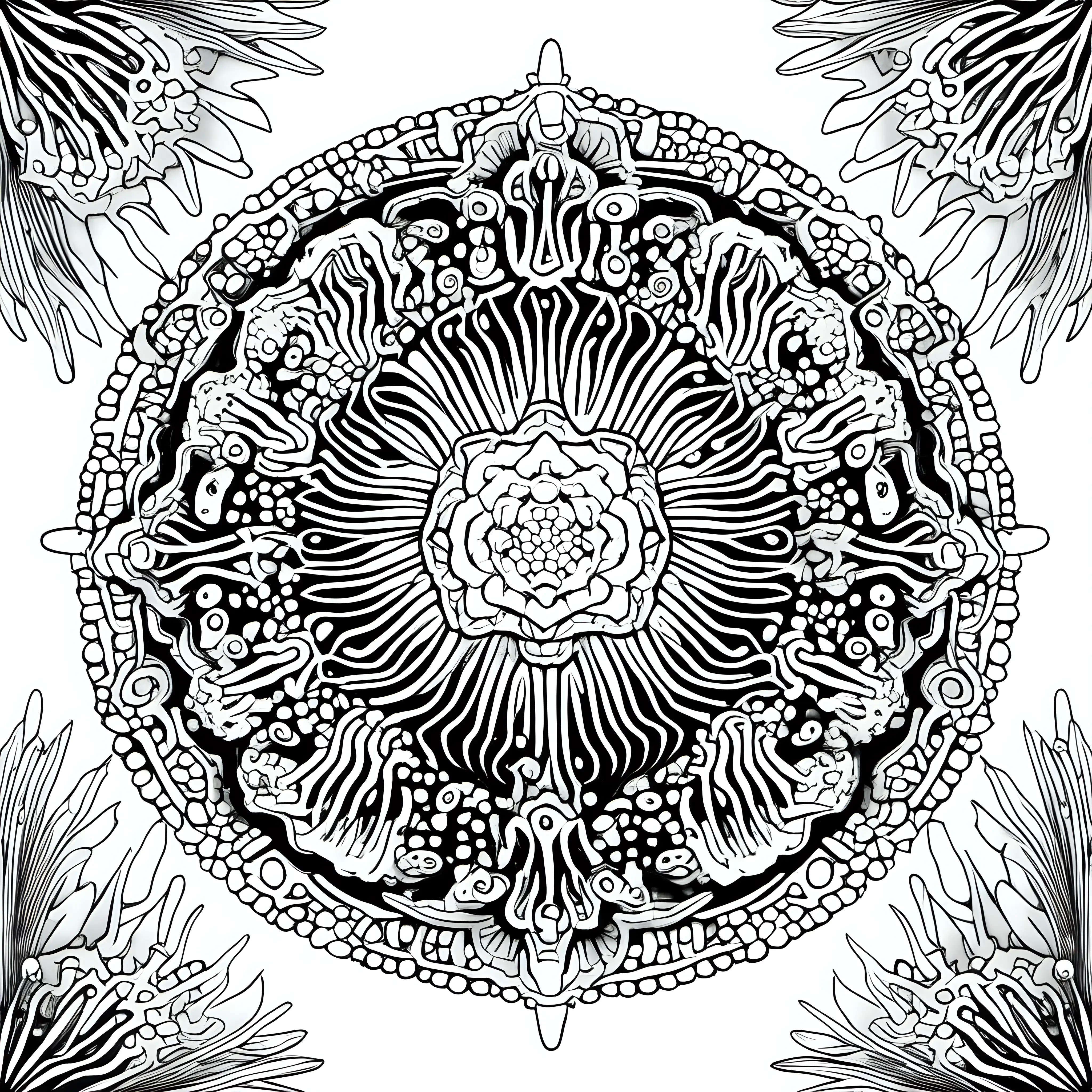 Underwater Coral Mandala Coloring Page Relaxing OceanInspired Art with Crisp Lines