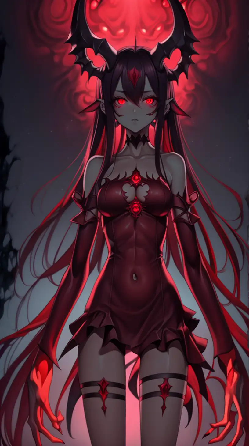demon Anime girl with deep red crimson eyes staring in to the deep abyys full body