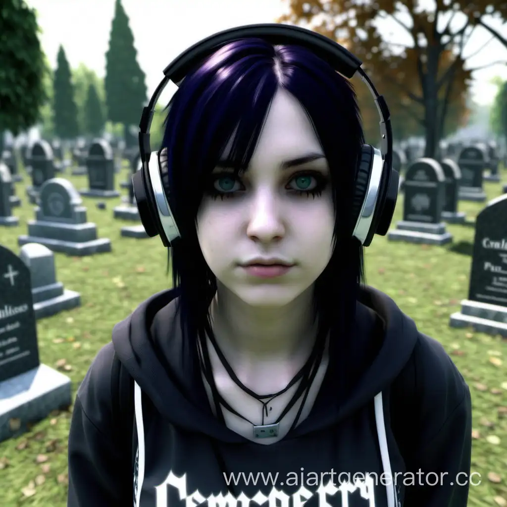 Emo girl from 2007 wearing headphones in the middle of the cemetery shows the player screen to the camera