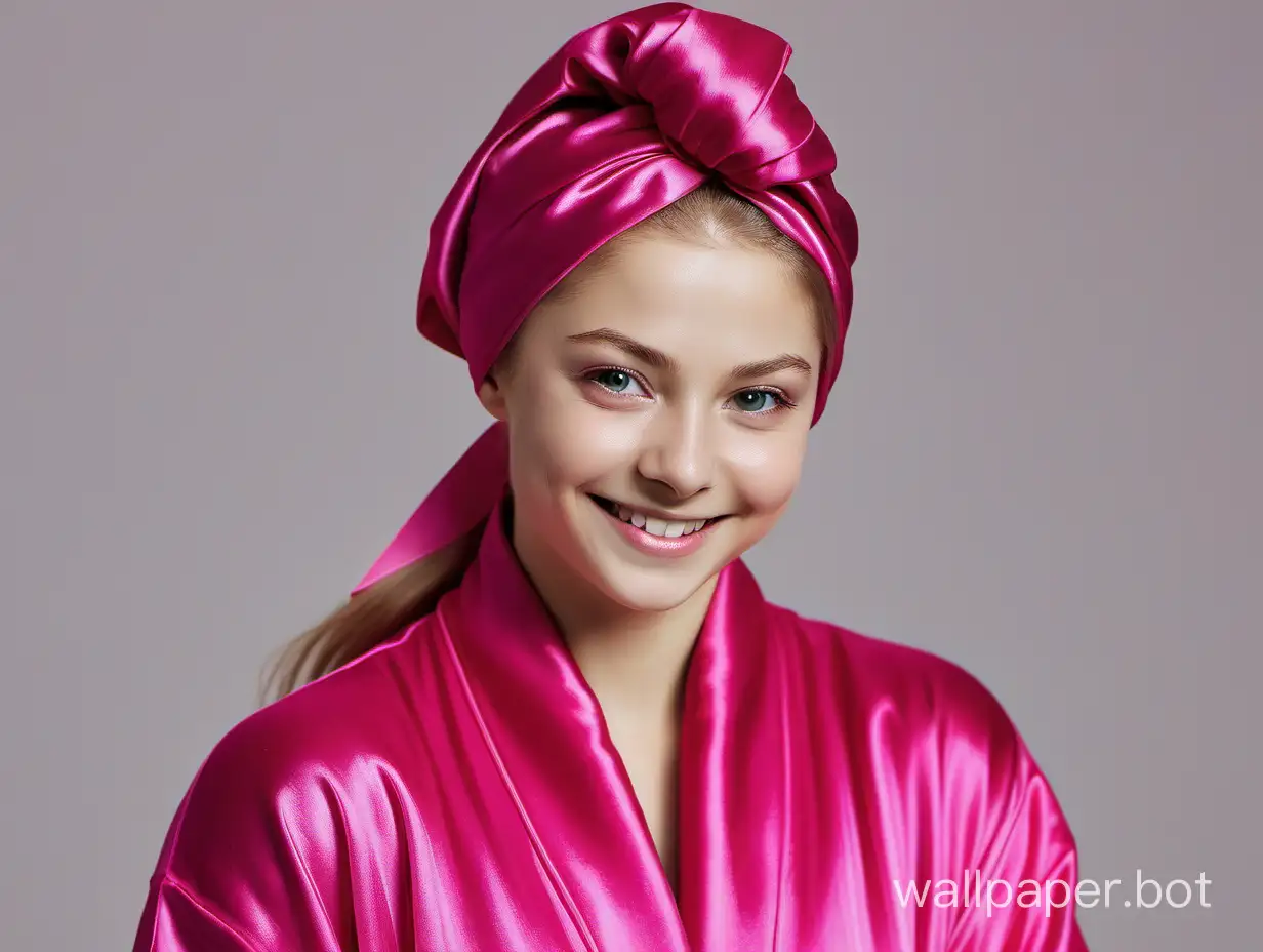 Yulia Lipnitskaya smiles with long, straight, silky hair in a luxurious, delicate, silk robe of fuchsia color with a pink silk towel-turban on her head