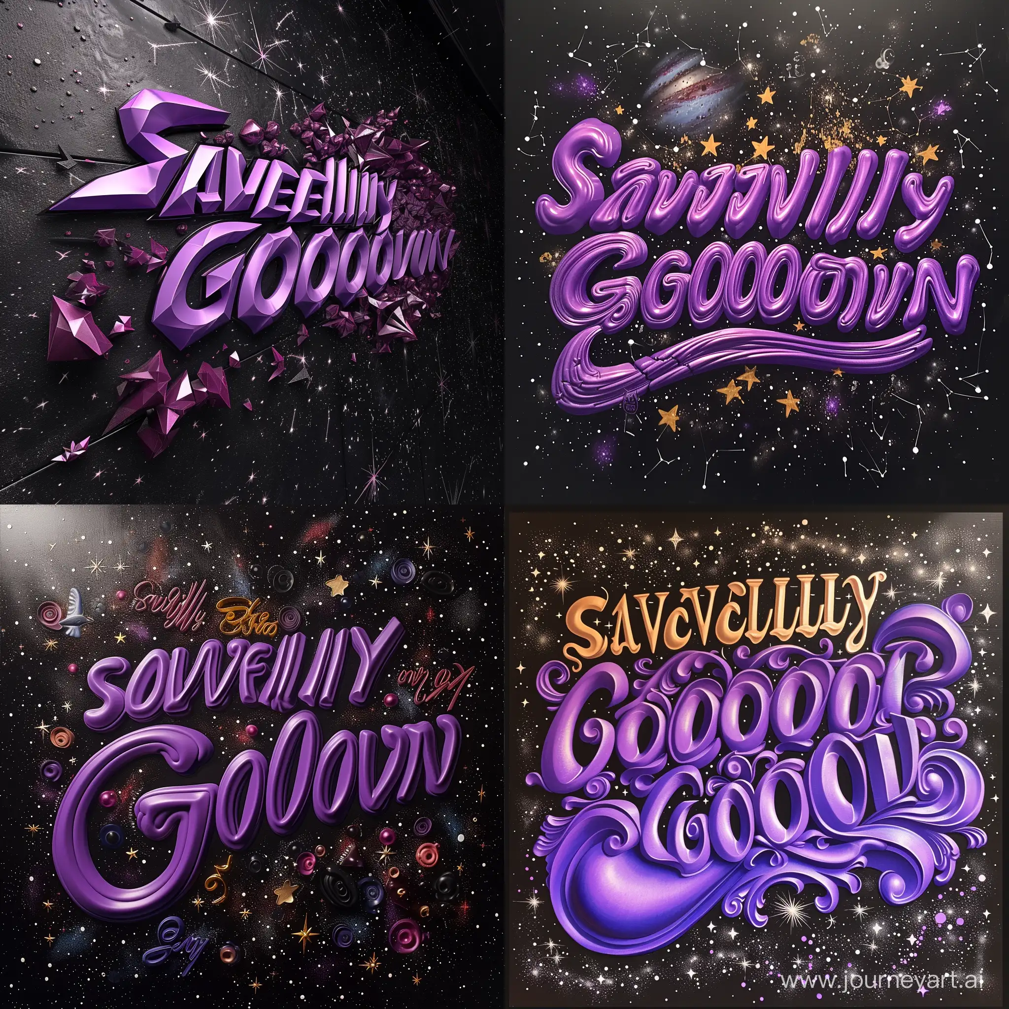 3-D CONVEX INSCRIPTION "SAVELIY GOLOVIN" IN PURPLE MATTE COLORING AGAINST A BACKGROUND OF BLACK SPACE AND STARS, STARS IN THE DISTANCE