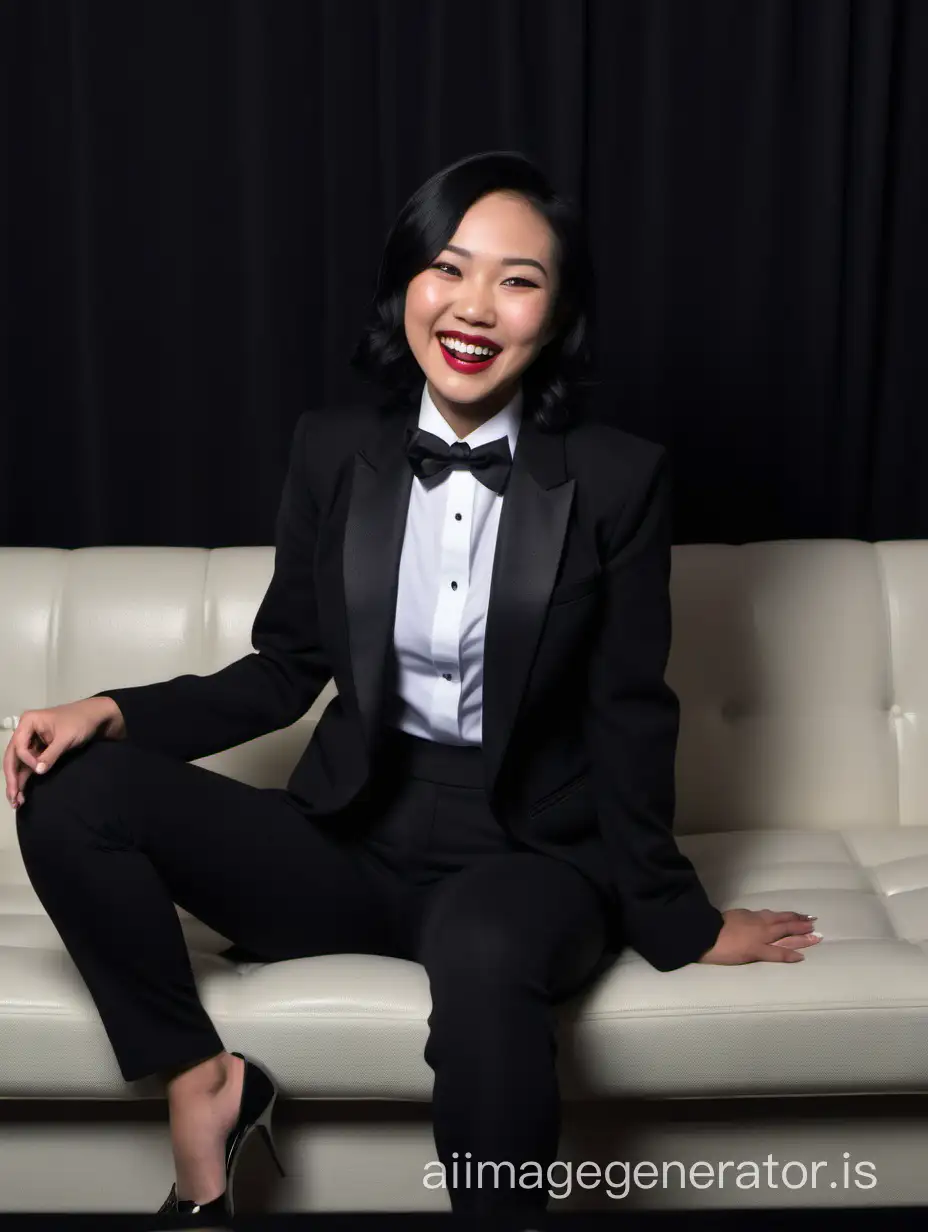 In a dark room, a smiling and laughing Asian woman with shoulder-length black hair, and lipstick is sitting on a couch. She is wearing a tuxedo with a black jacket and black pants. Her shirt is white. Her bowtie is black. Her jacket is open. Her heels are shiny and black. She is facing forward.