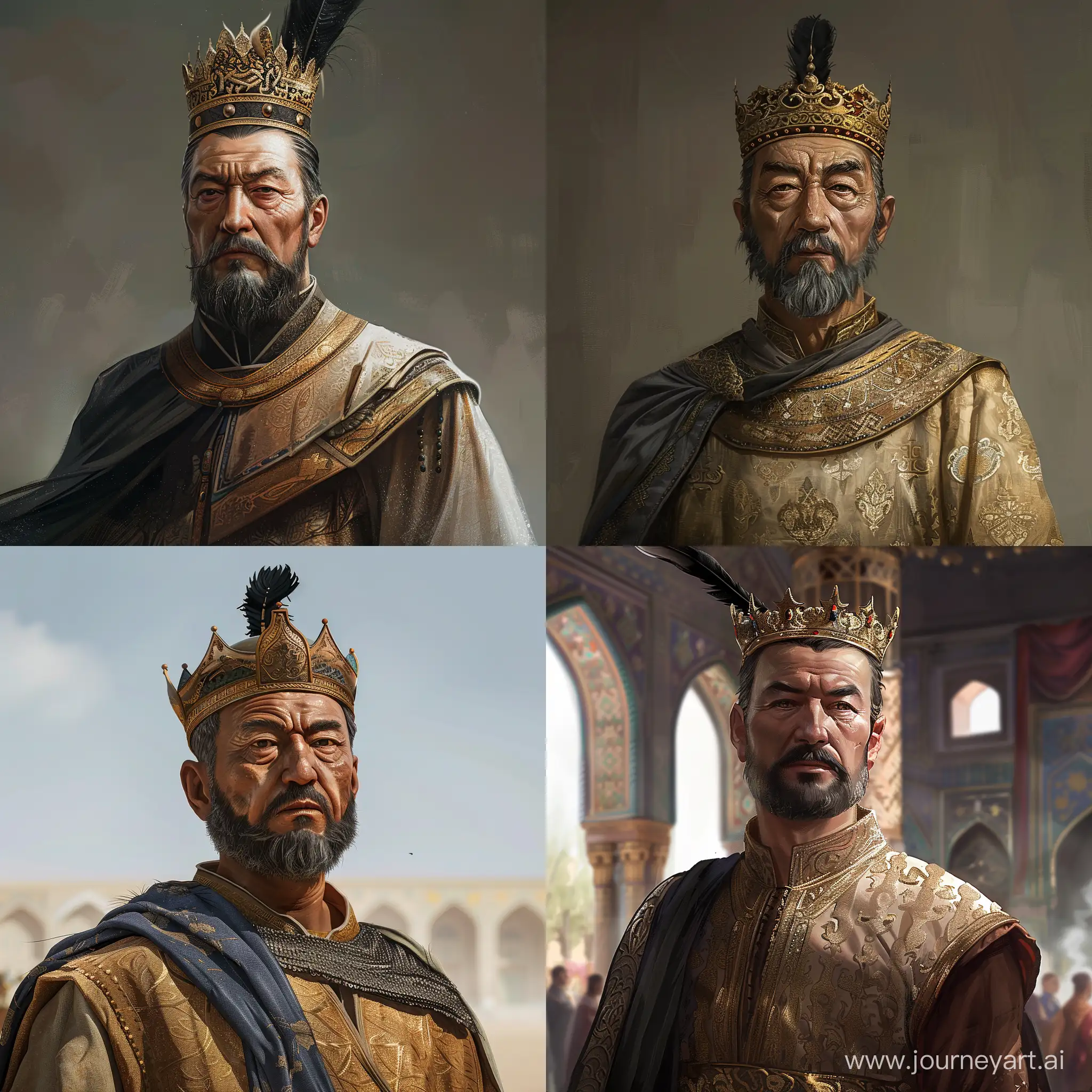 Realistic image of 60 years old Timur standing tall at Samarkand. Founder of Timurid Empire. Turko-Mongol genetics. Prominent face, high cheekbone, shaped short beard and Asian monolid slanted eyes. He is wearing a gold crown with a black feather on it. Luxury tunic and a short cloak on it. 