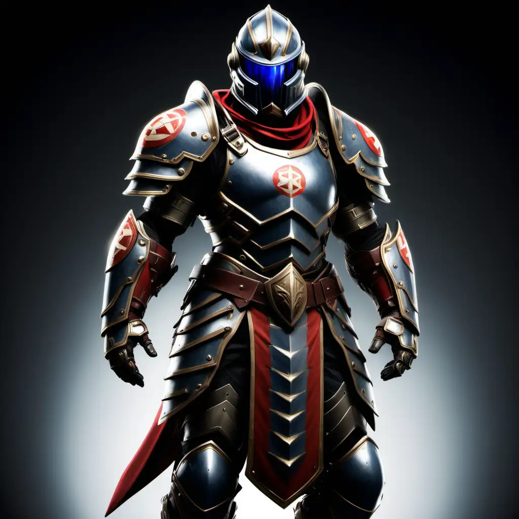 Physique: Broad-shouldered and muscular, with a sturdy build befitting a frontline fighter.
Armor: Clad in heavy, reinforced armor plates designed to withstand heavy blows and protect vital areas. The armor is battle-worn, with scratches, dents, and scorch marks from previous encounters.
Helmet: Wearing a helmet with a tinted visor, concealing the Vanguard's face while providing enhanced protection. The visor emits a faint glow, indicating advanced HUD (Heads-Up Display) systems integrated within.
Insignias: Adorned with faction symbols and emblems, signifying allegiance and rank within the organization.
Weapon: Carrying a massive shield adorned with intricate engravings and reinforced edges. The shield is emblazoned with the emblem of the Vanguard faction, symbolizing protection and strength.
Accessories: Strapped with utility belts and pouches containing supplies and tools for field repairs and maintenance. Additionally, the Vanguard may have insignia banners attached to their armor, displaying their achievements and honors earned in battle.
Posture: Stands with an imposing stance, radiating confidence and determination. Despite the weight of the armor, moves with surprising agility and purpose, ready to engage enemies head-on.
Color Scheme:

Primary Colors: Dark metallic tones such as gunmetal gray, deep blue, or matte black dominate the armor, conveying a sense of durability and authority.
Accents: Accents of vibrant colors such as crimson or gold highlight key features of the armor, adding visual interest and distinguishing the Vanguard amidst chaotic battles.