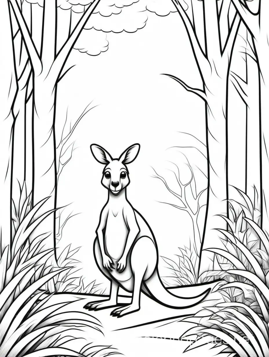Kangaroo in a plain forest , Coloring Page, black and white, line art, white background, Simplicity, Ample White Space. The background of the coloring page is plain white to make it easy for young children to color within the lines. The outlines of all the subjects are easy to distinguish, making it simple for kids to color without too much difficulty