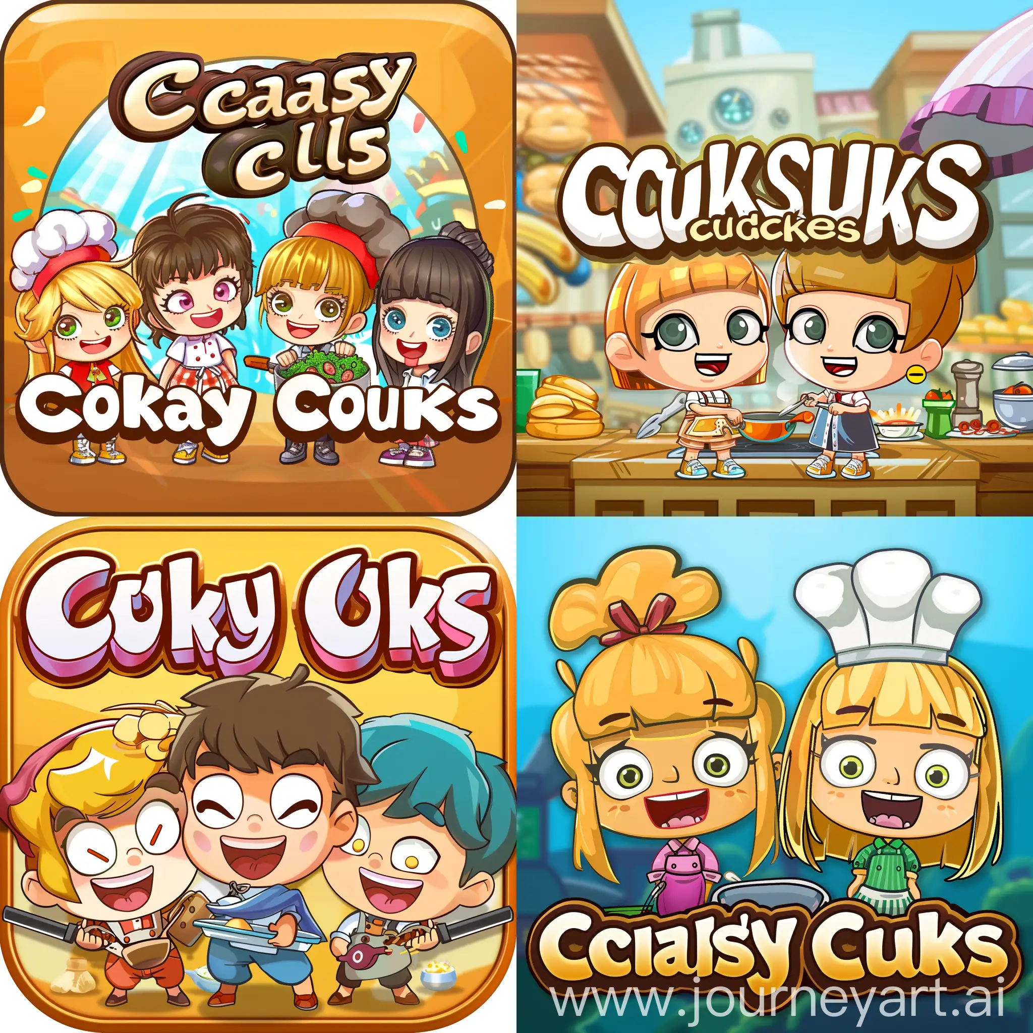 cooking multiplayer game title screen, chibi style, with title "Crazy Cooks"