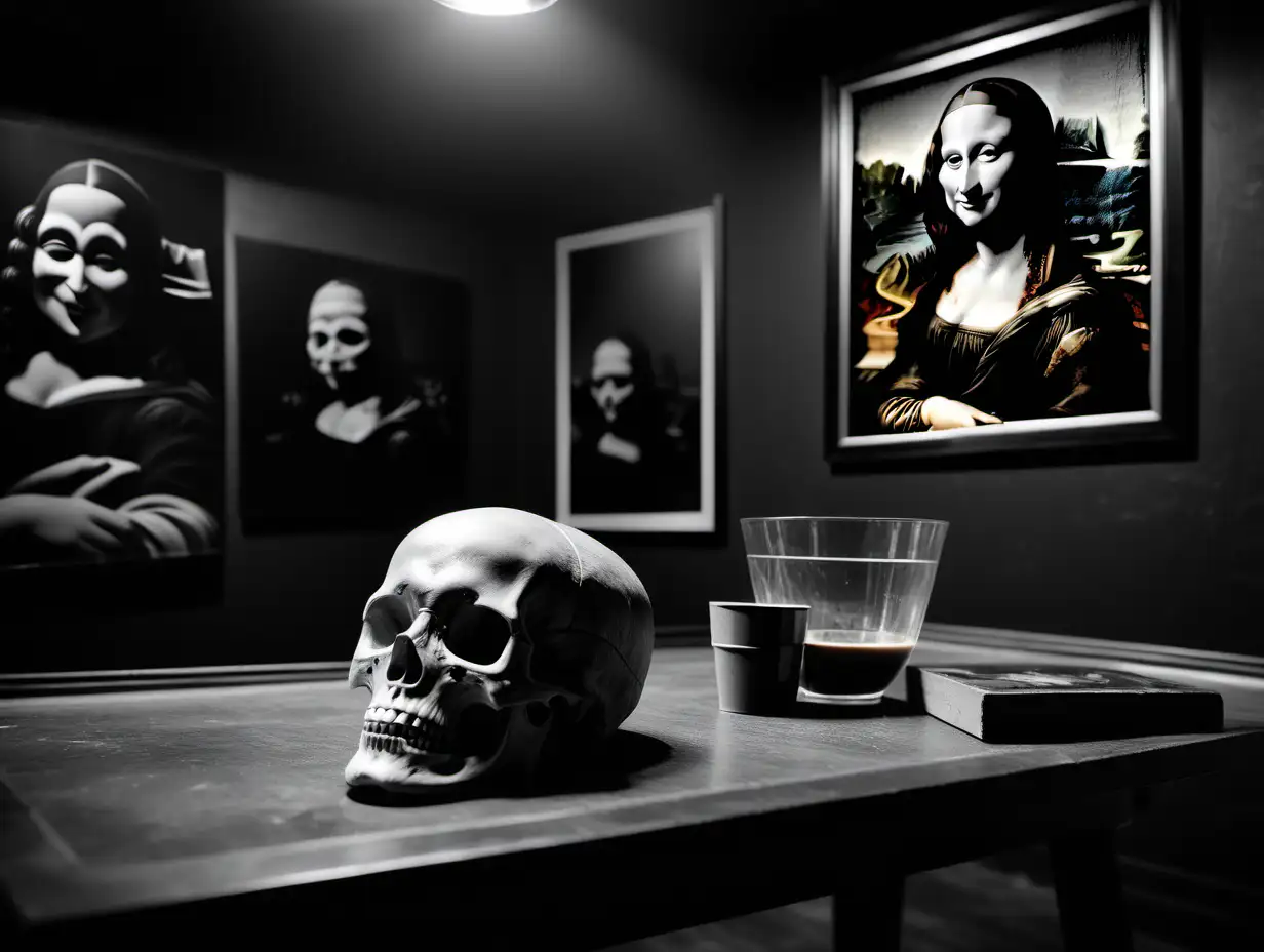 4:3 aspect ratio.  1950s black and white 35mm noir photography.  Cinema 3D.  Realistic ultra high resolution.  On a coffee table in a dimly lit smoky recording studio basement, CU. of a skull with a mona lisa smile.  Vivid lines.