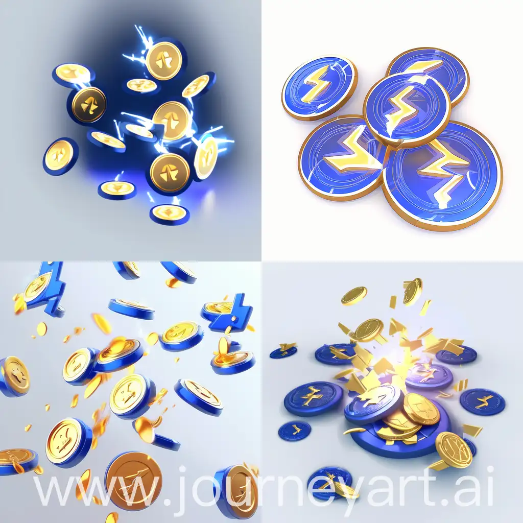 3D icon design, lightning icon, gold coins scattered below the icon, 2.5D, technological sense, C4D rendering, matte clay, translucent dark blue gradient, complex, full of details, OC rendering, white background isolation--niji 5