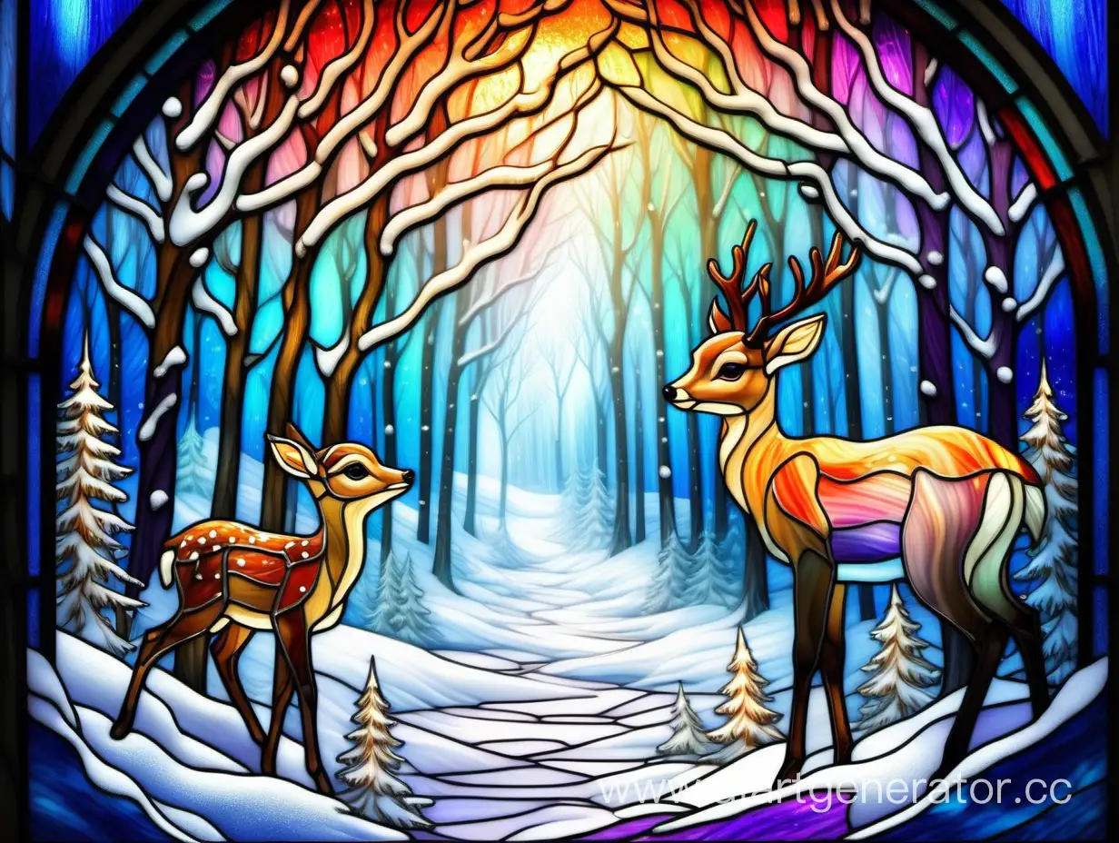 Stained glass, fresco, many colors, nature, forest, trees in the snow, snowdrifts, fawn, magical radiance, winter fairy tale, fantasy, delicate colors, saturated color, gradient, shimmer, high resolution