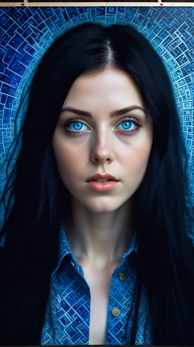 movie poster beautiful young woman with black hair and blue eyes in the style of artist Chuck Close