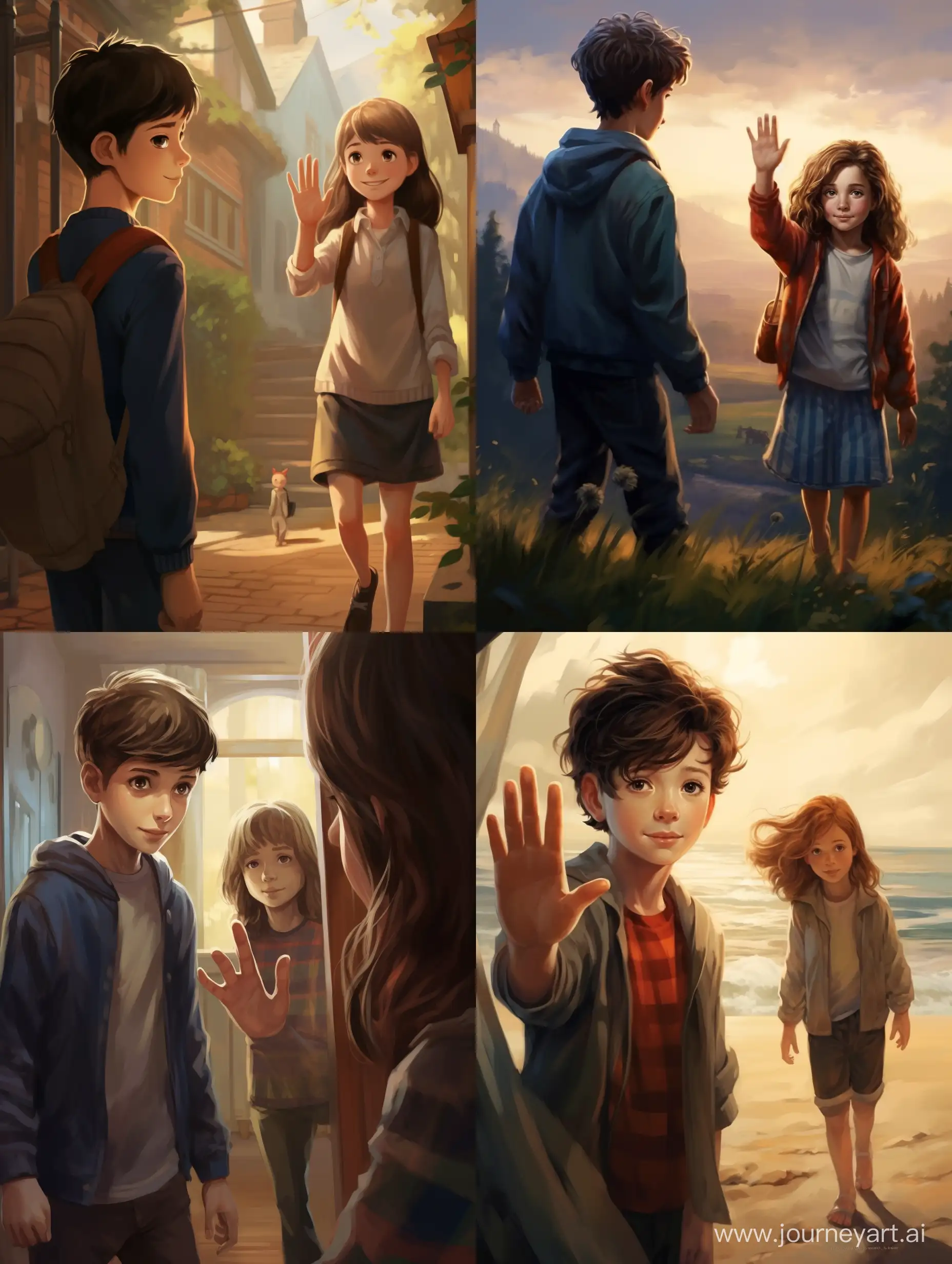 The boy waves his hand, says goodbye, and the girl leaves in the background.