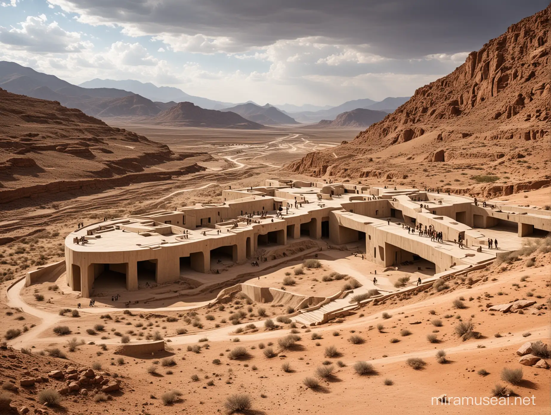 horizontal underground cultural building, which has the concept of freedom, on a center plane arid land and mountains around