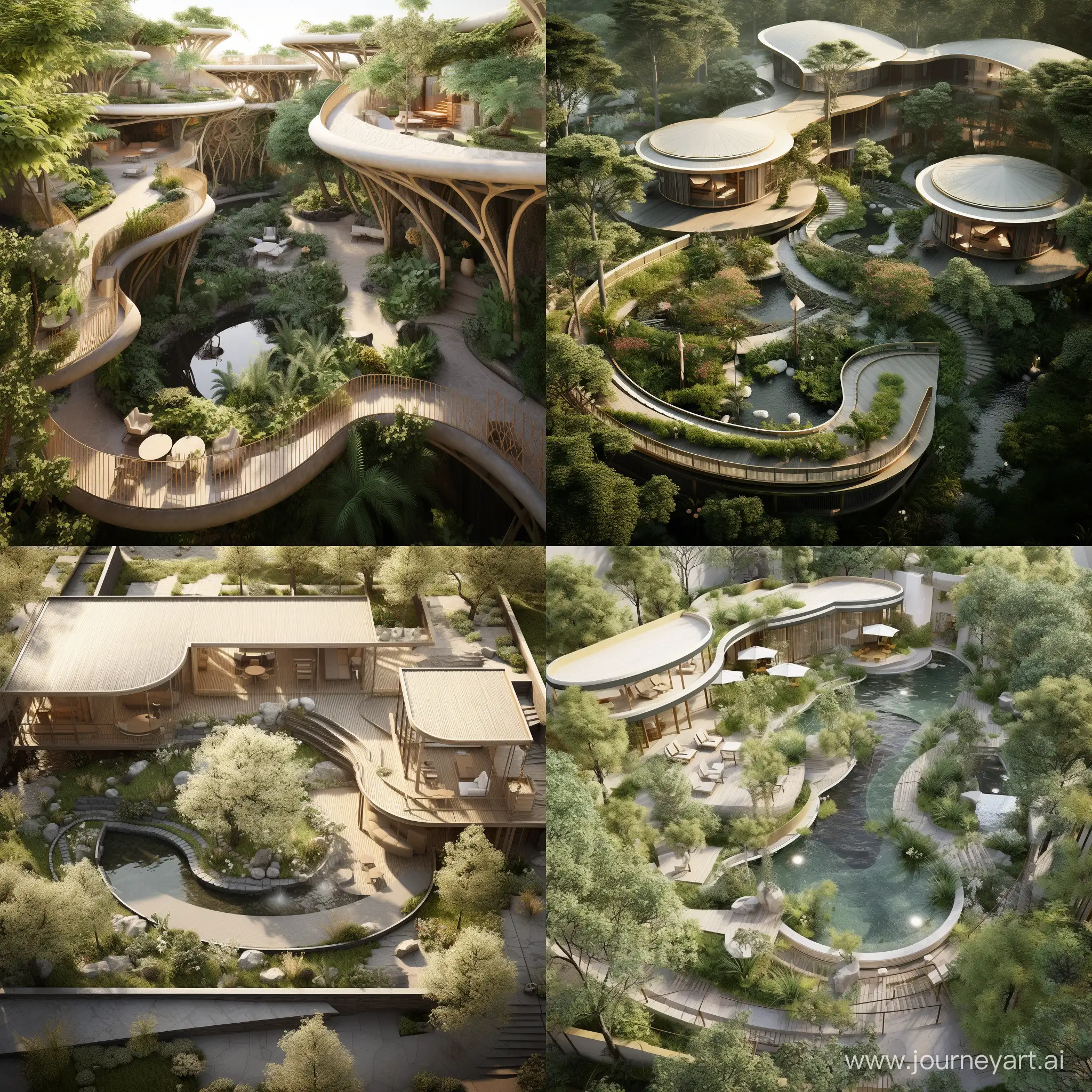 The design of the overview of the Iranian garden and the spa center with the approach of organic architecture in Iran from a bird's eye view and a human view in the style of linear and angular architecture