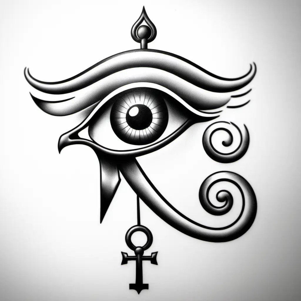 Eye of Horus and Key of Life Minimal Tattoo Drawing in Black and White