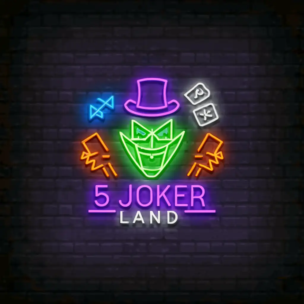 a logo design,with the text "5 Joker Land", main symbol:Neon Joker,Moderate,be used in Entertainment industry,clear background