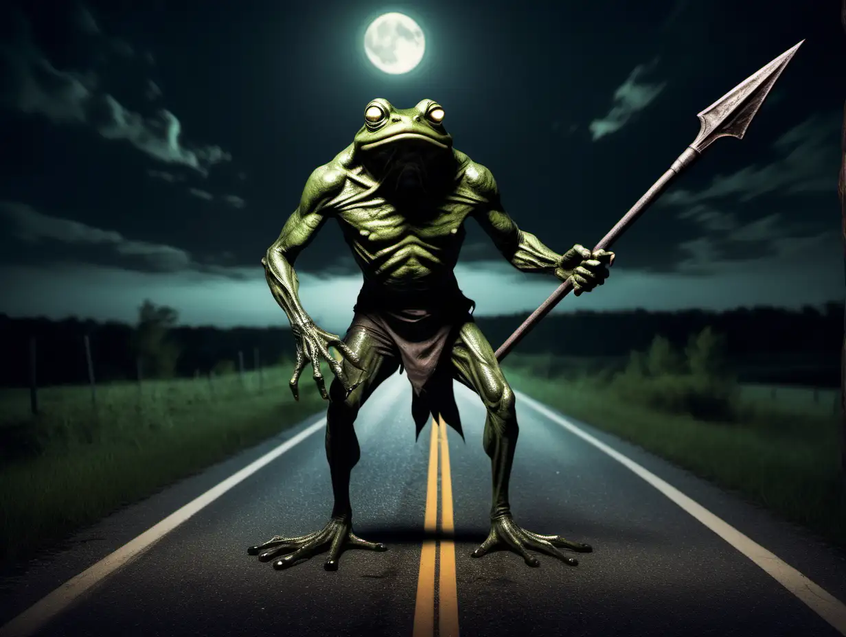 The loveland frog-man terrifying cryptid monster holding a spear emerging from behind a guard rail on the side of a country road at night.