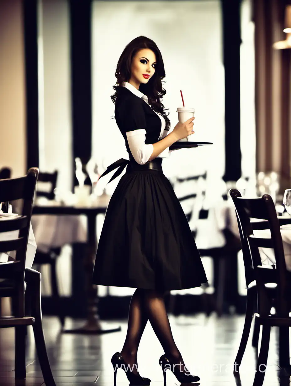 Девушка, брюнетка, красивая, официантка, в полный рост, чёрная юбка, чулки, каблуки