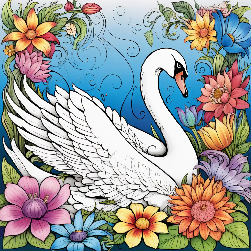 Colored page A very beautiful Swan sorounded by very defined and colorful and big flowers