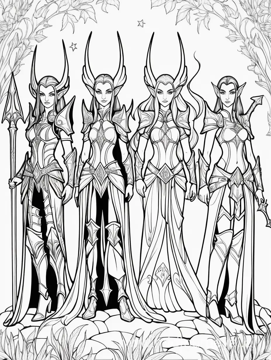 Coloring book, 4 female elves, all dressed in different themes Fire, plant, wind, water, themes to be used for each.   all dress in mid-evil fantasy armor which is unique to themselves. each four of them Fire holds a sword, plant holds a whip, water holds a trident, and wind holds a morning star. coloring book 
