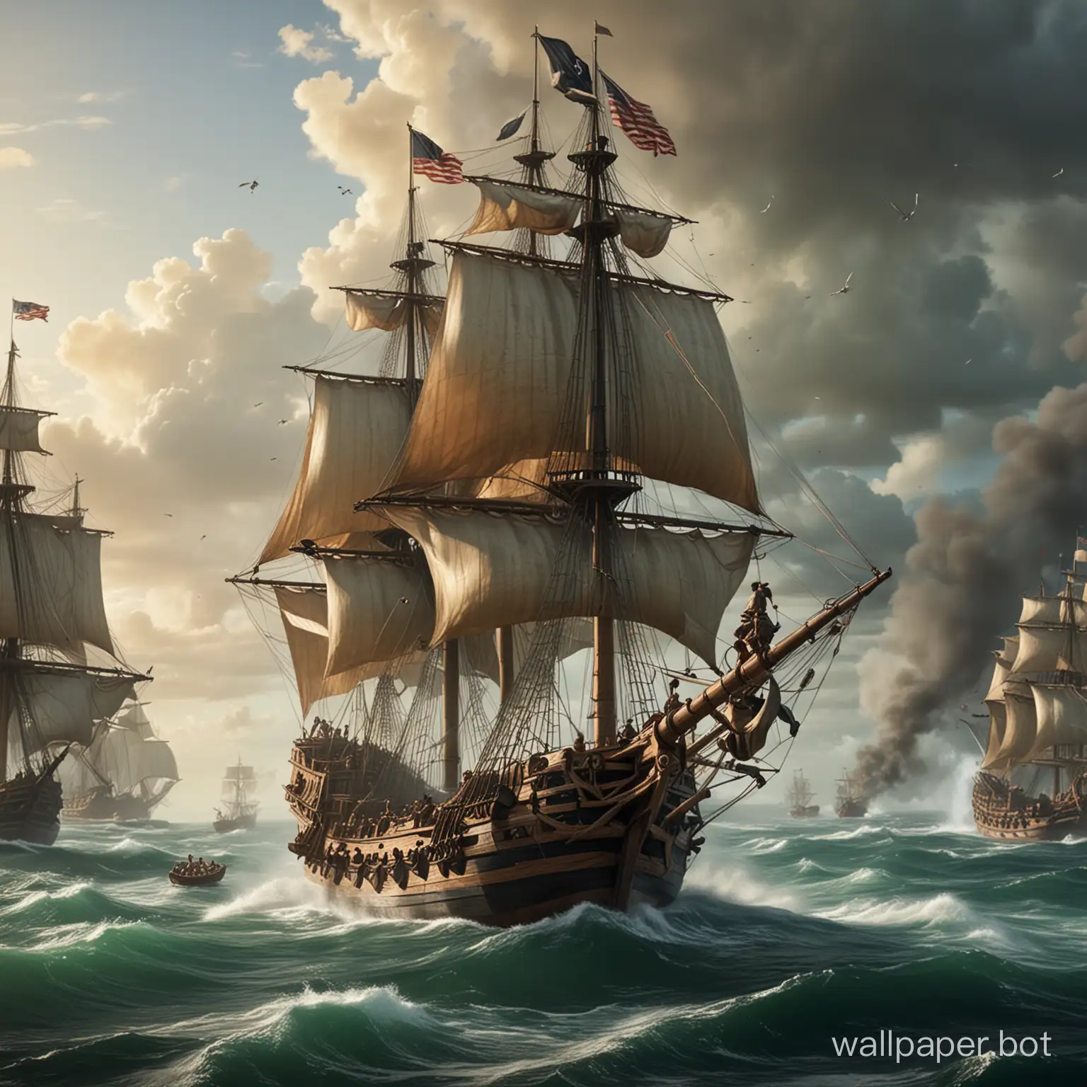 Old galleon navigating toward an island,firing cannons at another galleon, crew in the frenzy of combat