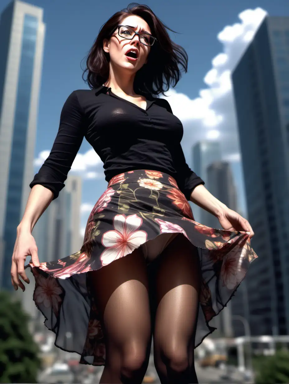 Giantess, mature, brunette, glasses, ripped black shirt, [Highly Detailed] Dark comic art style, flowy floral skirt, disbelief, pantyhose 