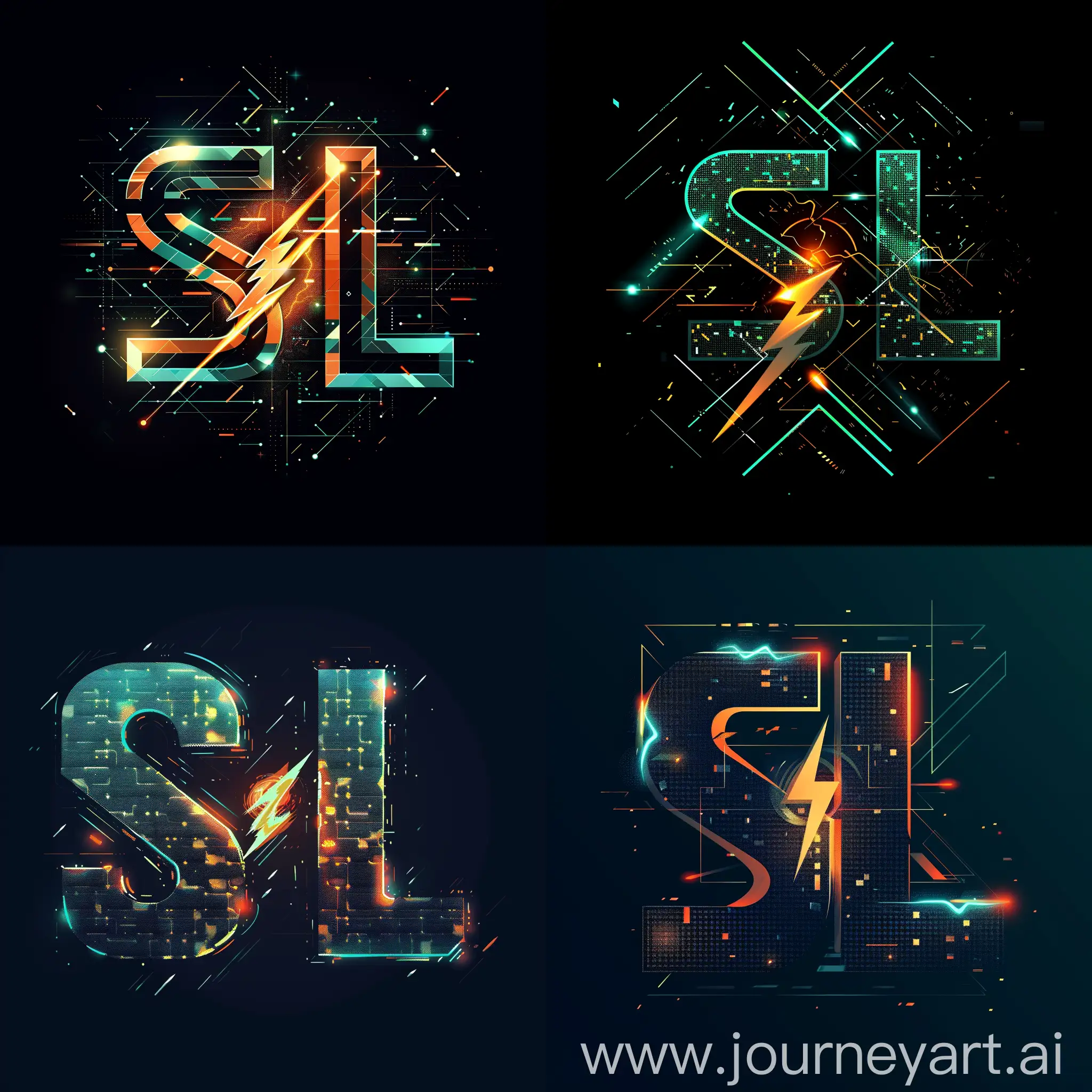 Логотип "SL" представлен в виде футуристических цифровых букв S и L, стилизованных с помощью геометрических форм и линий, буквы выполнены в виде пикселей, имеют эффект трёхмерности, в центре логотипа символ молнию или огненный шар, цветовая гамма современная, черно-синей, черно-зеленой, --quality 3 --s 200