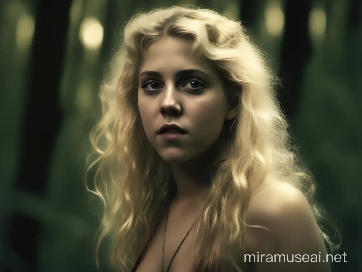 portrait of a nude 18 year old blonde (Amy Madonna Evans:1.3 of Instagram), in the forest, looks like (Stevie Nicks/Kristen Stewart:1.2), pretty face, petite, smiling, moody lighting, cinematic, true ultra high definition and detail and 32k resolution, ultra-realistic skin, fine detail