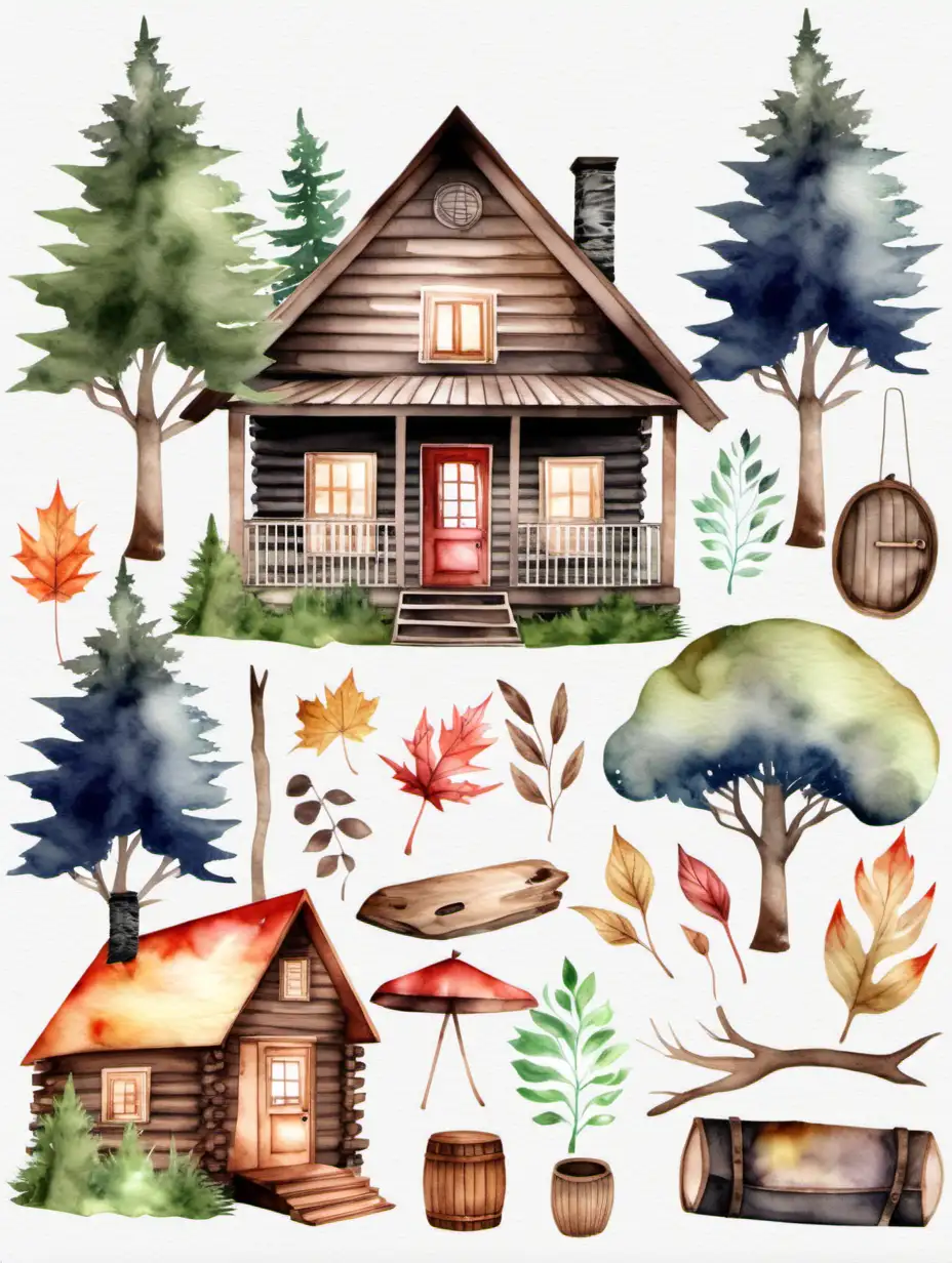 cabin in the woods clipart, watercolor