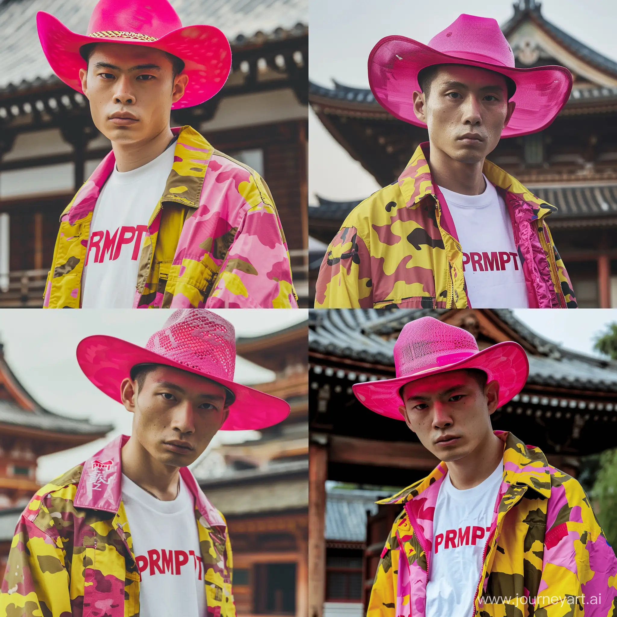 Asian-Male-Editorial-Fashion-Portrait-with-Neon-Pink-Cowboy-Hat-and-Vibrant-Yellow-Jacket-Against-Japanese-Temple-Backdrop