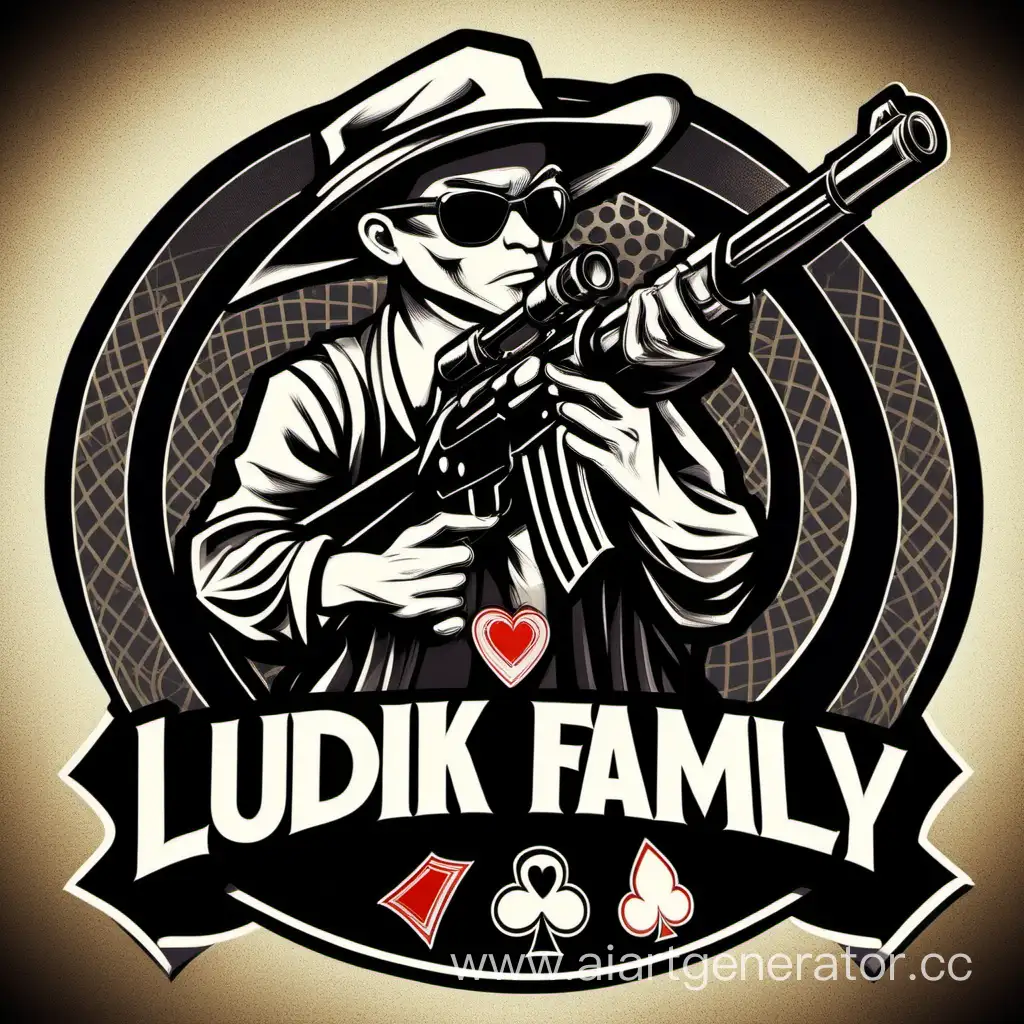 the logo of a poker player.Rifles in the background. There is an inscription at the bottom: "LUDIK FAMILY". 