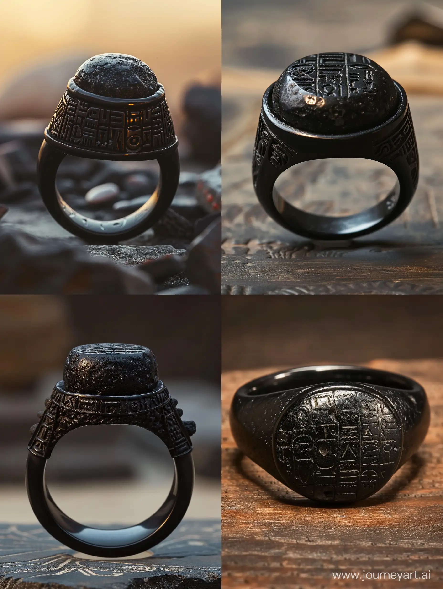 A black ring with big black stone on it,cuneiform letters on it,intricate carving,historic,incredible detail,warm light.