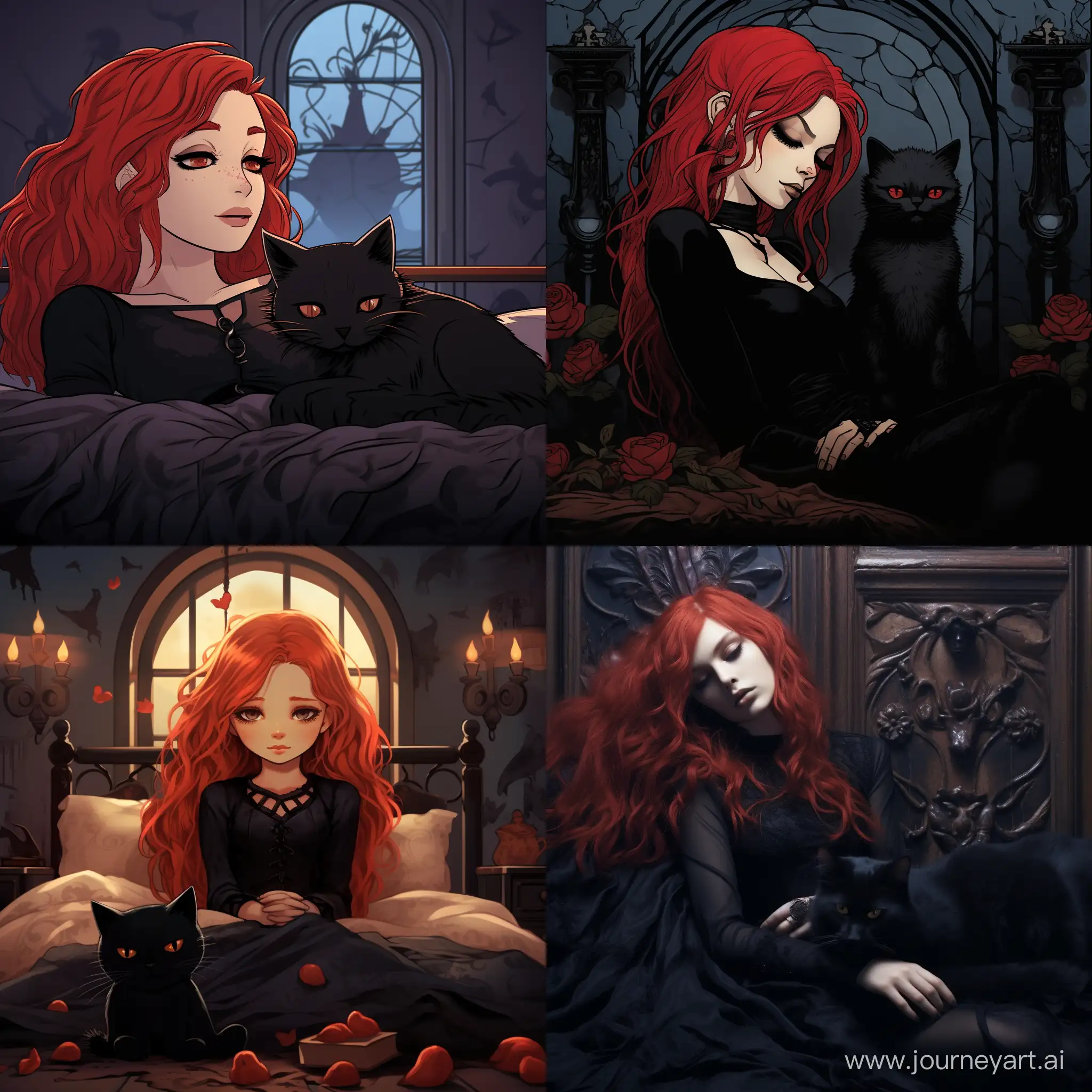 RedHaired-Gothic-Girl-Sleeping-Beside-Stylish-Cat