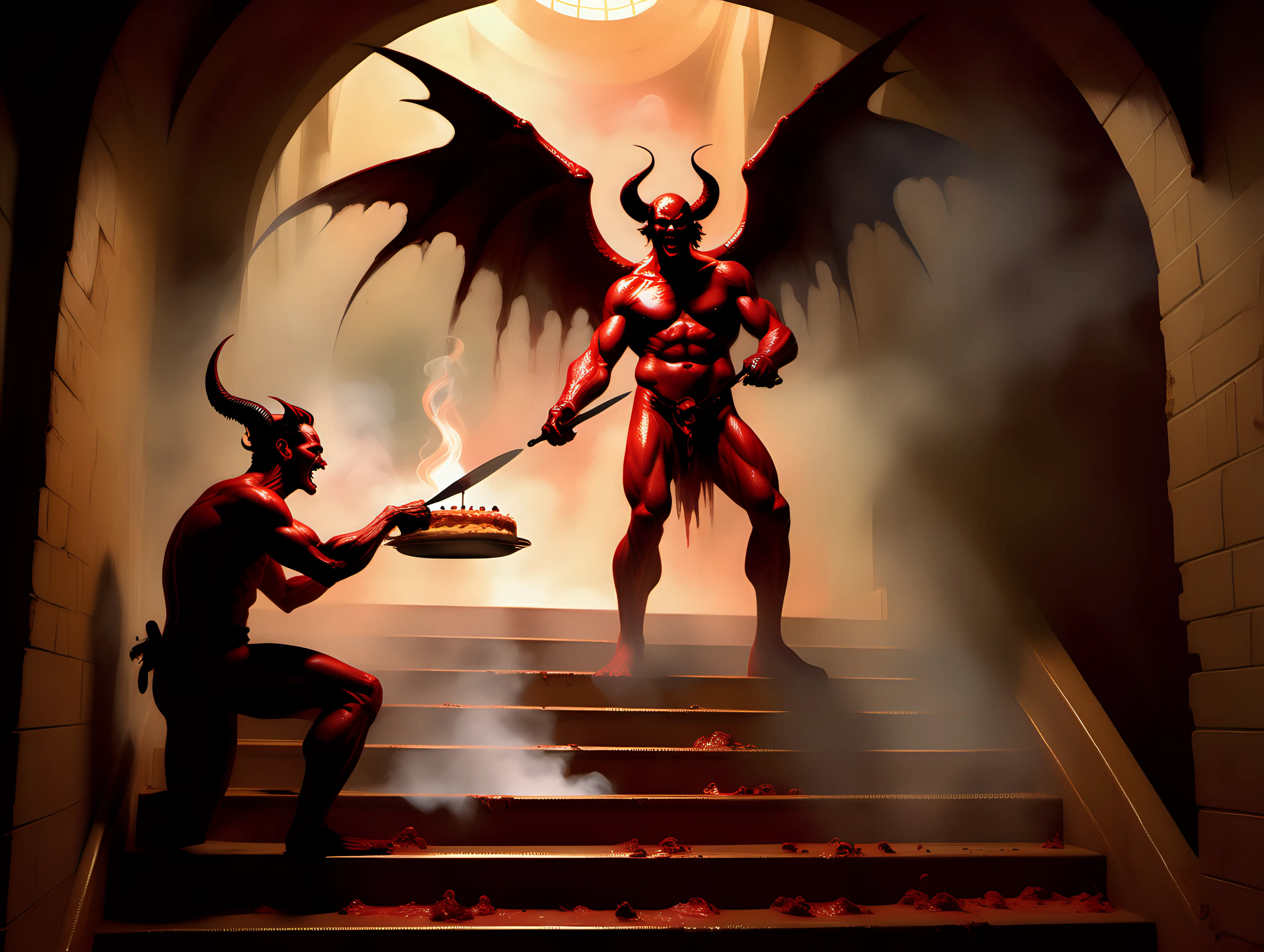 Satan and  Michael the Arc Angel having a bake off in the second stairwell of Hell, digital art Frank Frazetta Style