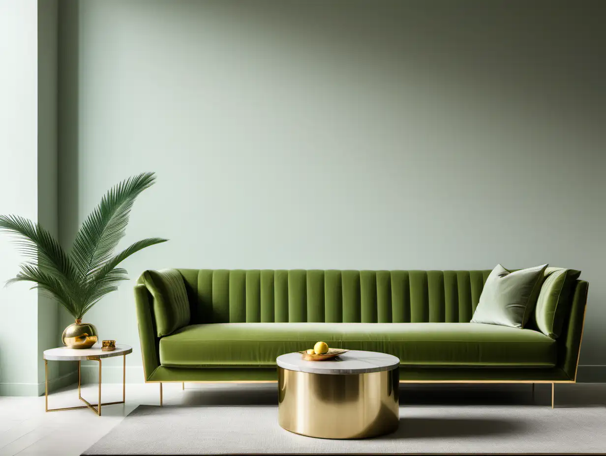 Elegant Modern Minimalist Living Room with Light Green Sofa and Golden Accents