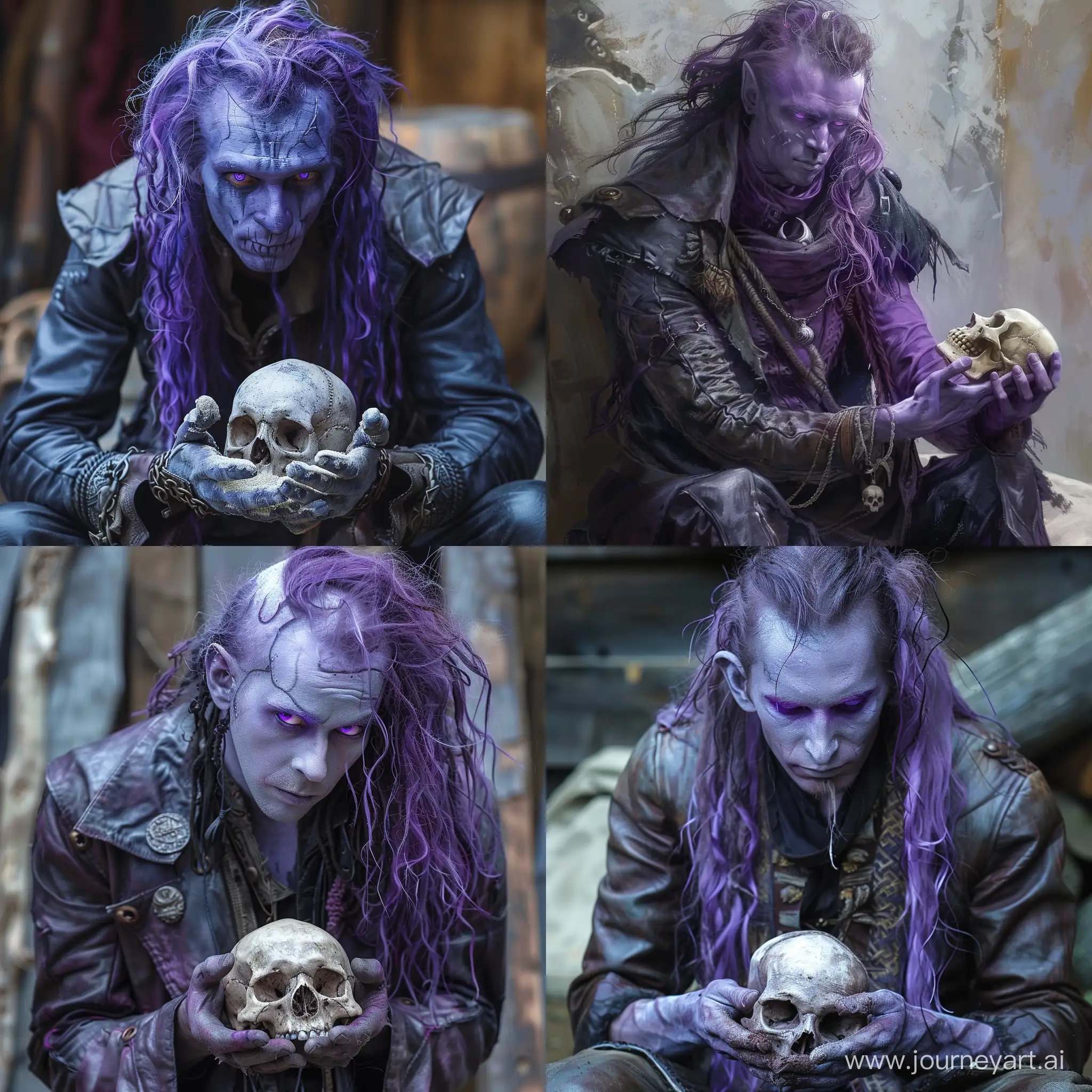Man, pale purple skin, purple eyes, long hair, purple hair, tousled hair, leather coat, skull in hands, sand magic